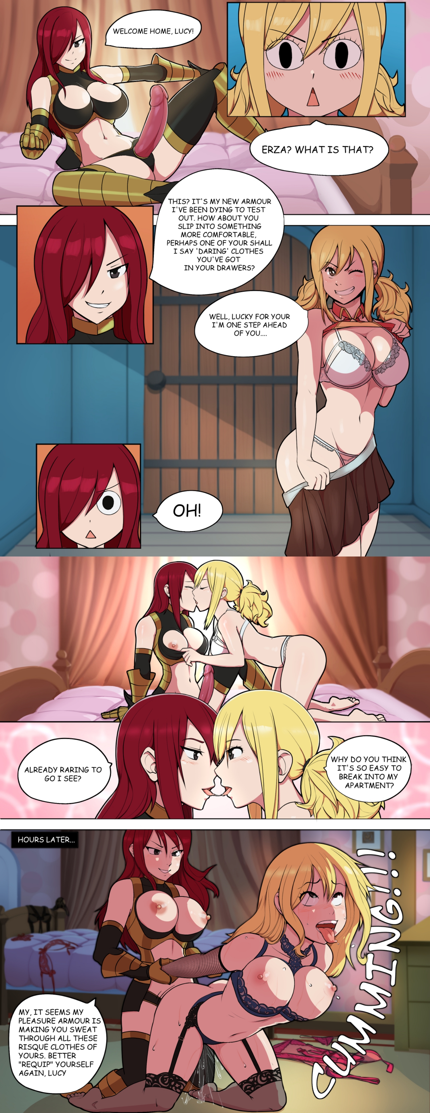 2girls, ahe gao, all fours, arms behind back, arms held back, arsonsquid, blonde hair, blonde-haired female, breasts, breasts out, comic page, doggy style, english dialogue, erza scarlet, exposed breasts, fairy tail, female, from behind, fucked silly, kissing, large breasts, lingerie, looking pleasured, lucy heartfilia, multiple females, multiple girls, pussy, pussy juice, red hair, red-haired female, saliva, saliva trail, sex, small panties, source request, squirting, strap-on, strapon, sweatdrop, twintails, white bra, white panties, yuri
