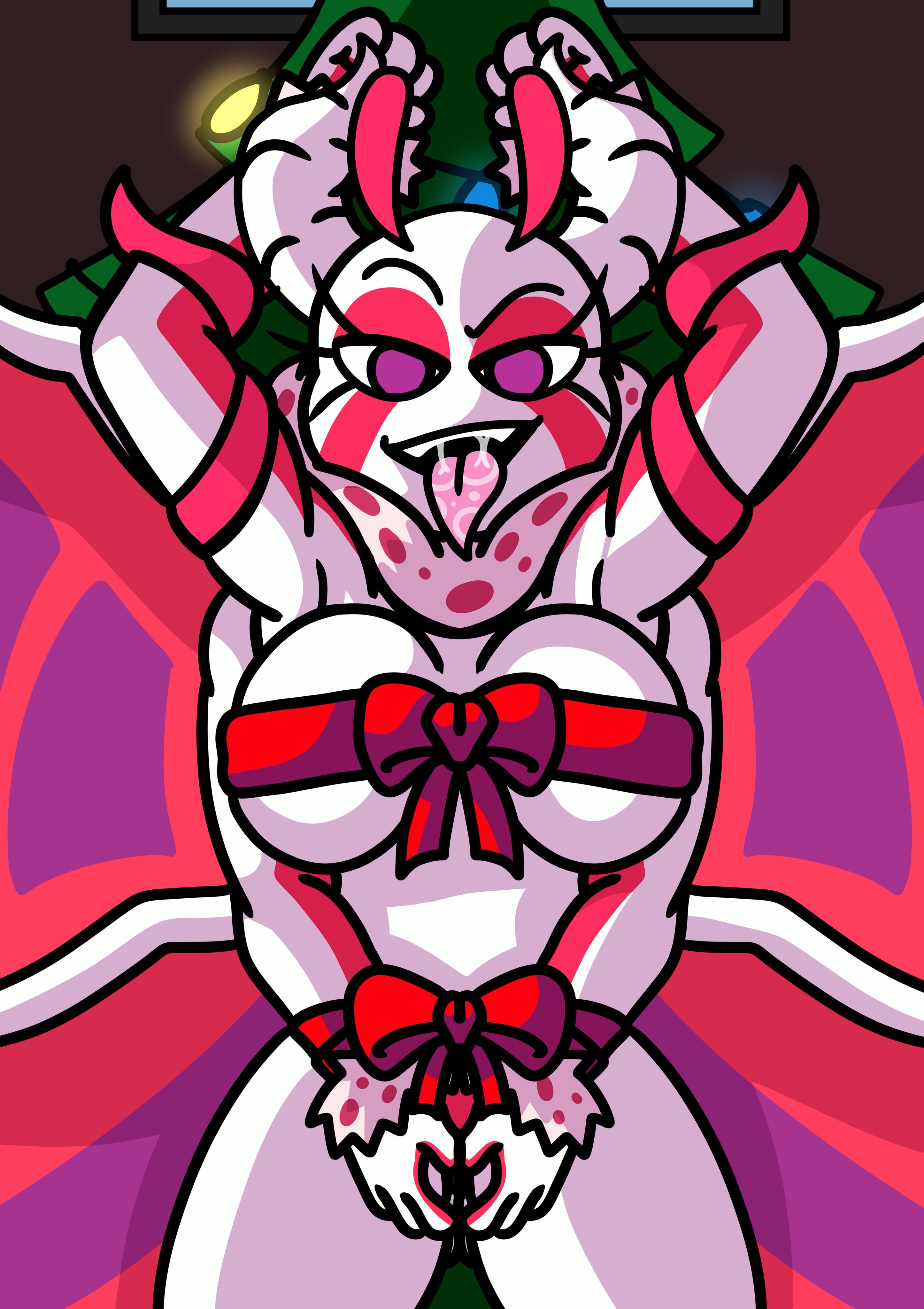 arms behind head, christmas, christmas tree, darkasiden, friday night funkin, friday night funkin mod, infernadise (retrospecter), ribbon, sakuroma (retrospecter), tagme, tongue, tongue out