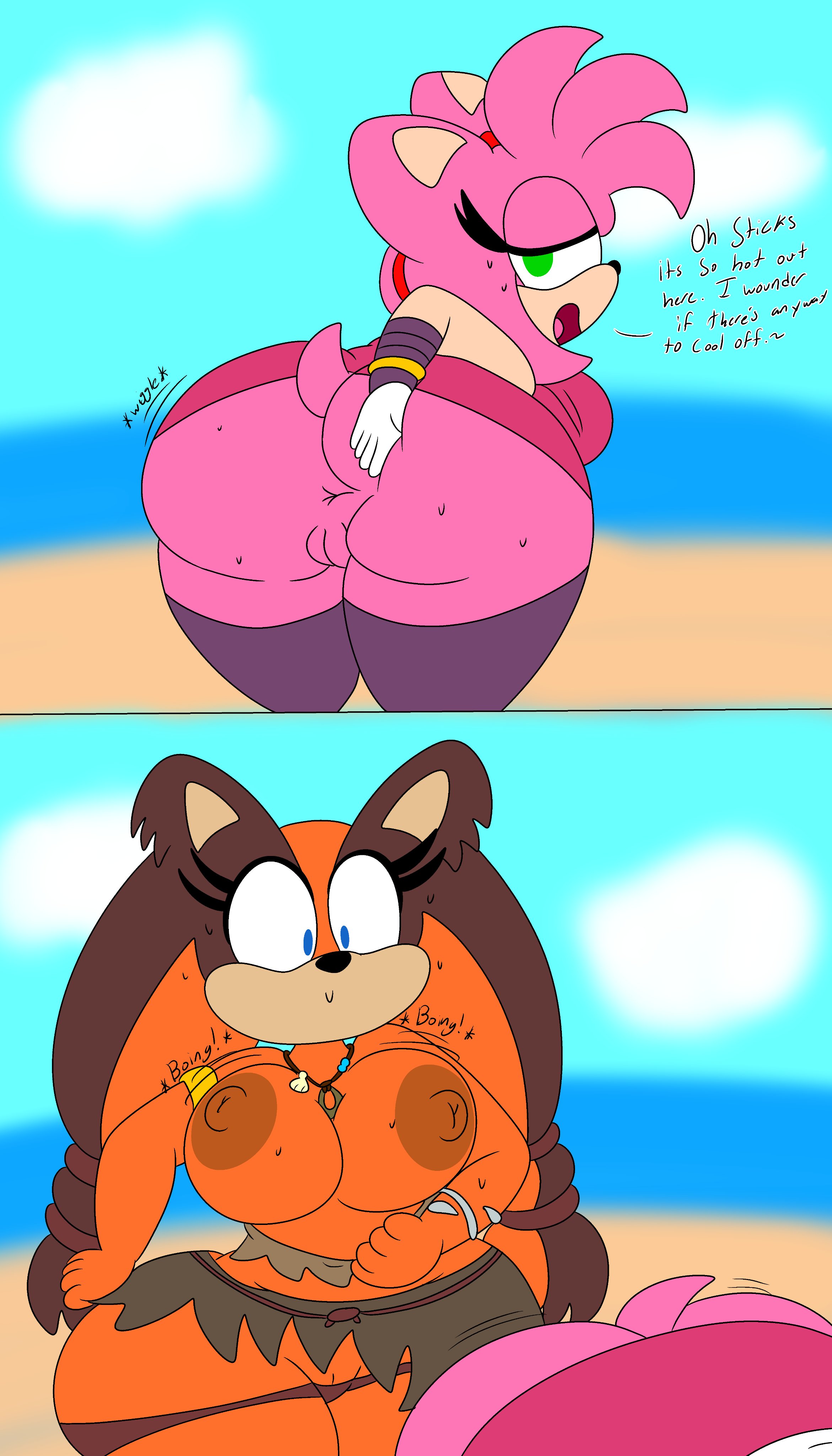 2girls, 3barts, amy rose, anus, ass, bent over, big breasts, blush, bouncing breasts, breasts, brown hair, comic, female, female only, green eyes, half-closed eyes, inviting to sex, multiple females, multiple girls, nipples, pink hair, pussy, sega, smile, sonic (series), sonic boom, sonic the hedgehog (series), sticks the badger, sticks the jungle badger, sticks the tejon, sweat, tagme, text, thick thighs, wiggle lines, yuri