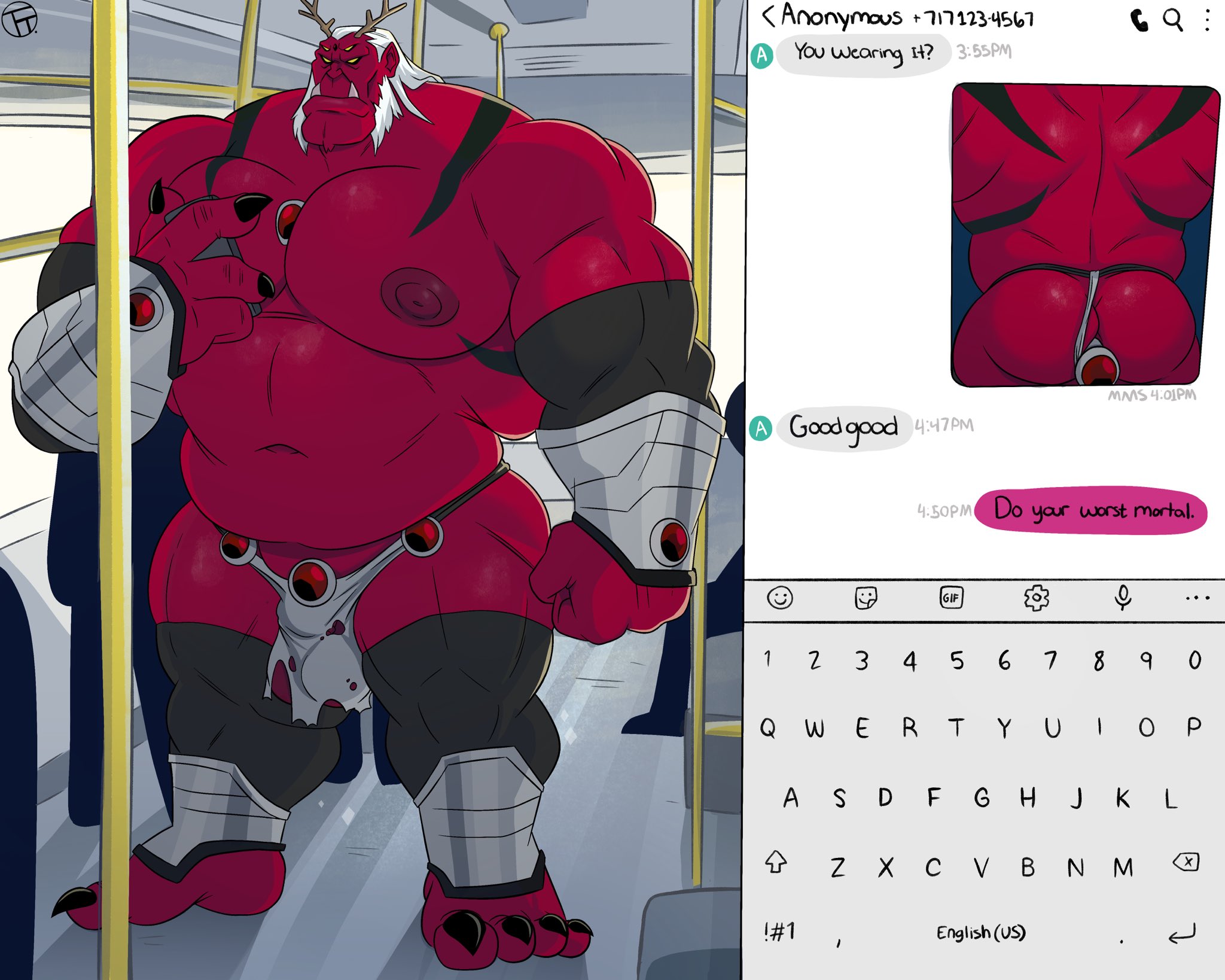 anal insertion, ass, bara, dc, dc comics, demon, horns, loincloth, male, male only, muscles, muscular, phone, red body, red skin, solo, solo male, teen titans, texting, trashtoonz, trigon, yaoi