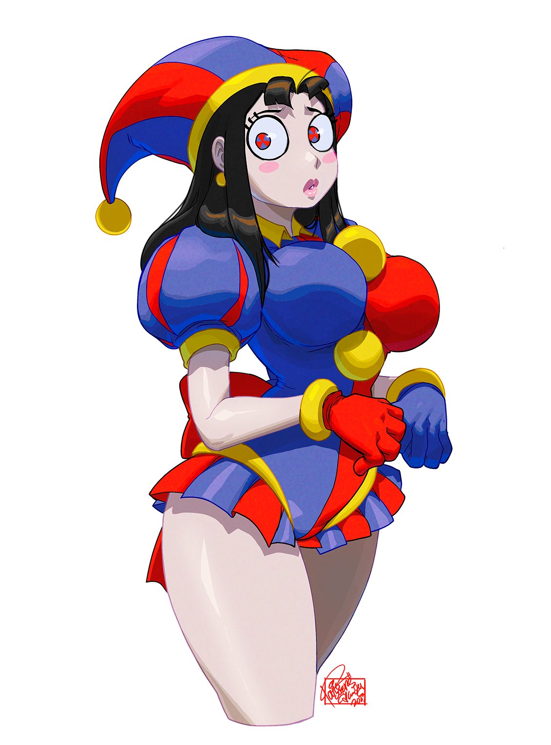 1girls black_hair cheek_spots commission female female_only gloves hi_res jester jester_hat jester_outfit long_hair looking_at_viewer pomni_(the_amazing_digital_circus) solo symbol-shaped_pupils the_amazing_digital_circus thick_thighs tovio_rogers white_background white_skin