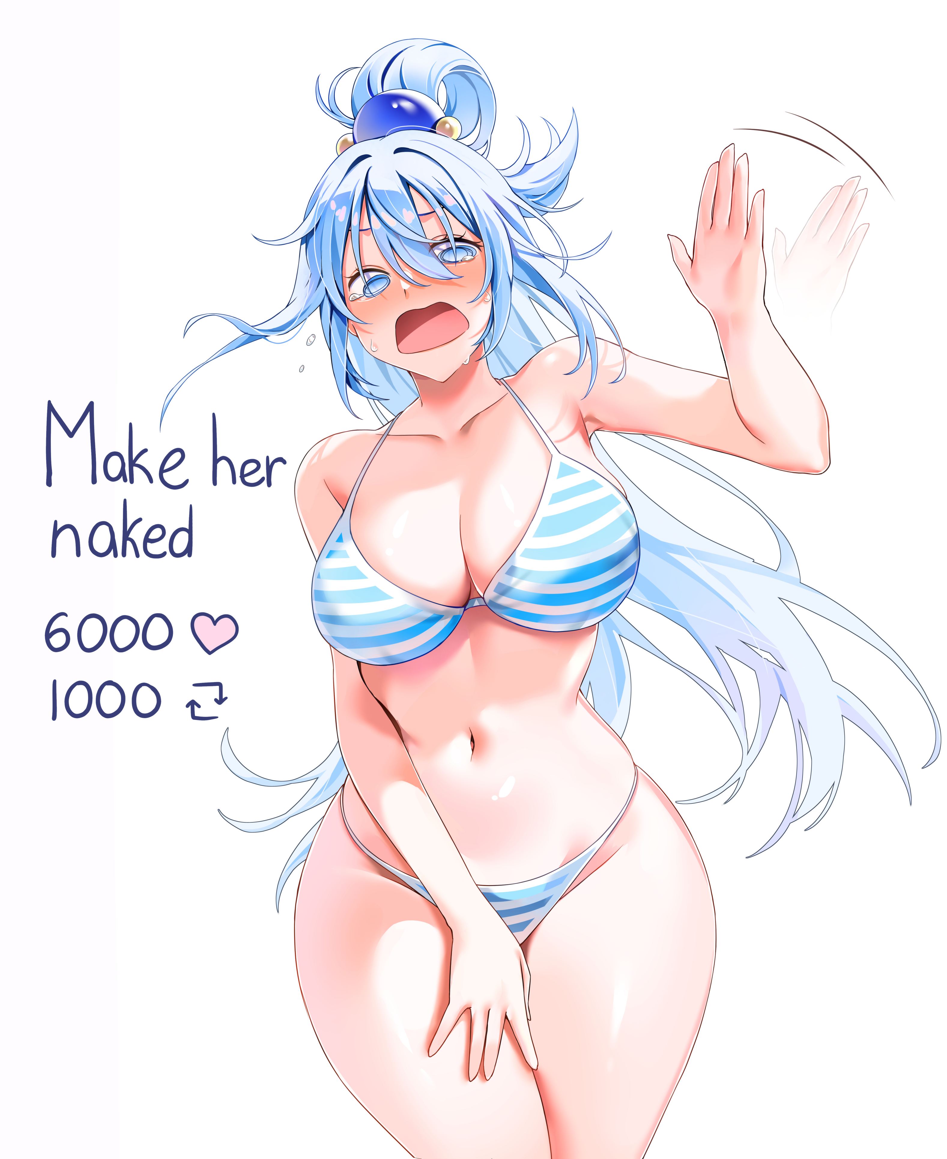 1girls, aqua (konosuba), armpits, bikini, breasts, cleavage, english text, female, female only, hips, kono subarashii sekai ni shukufuku wo!, machulanko, open mouth, solo, strip game, thick thighs, thighs, wide hips