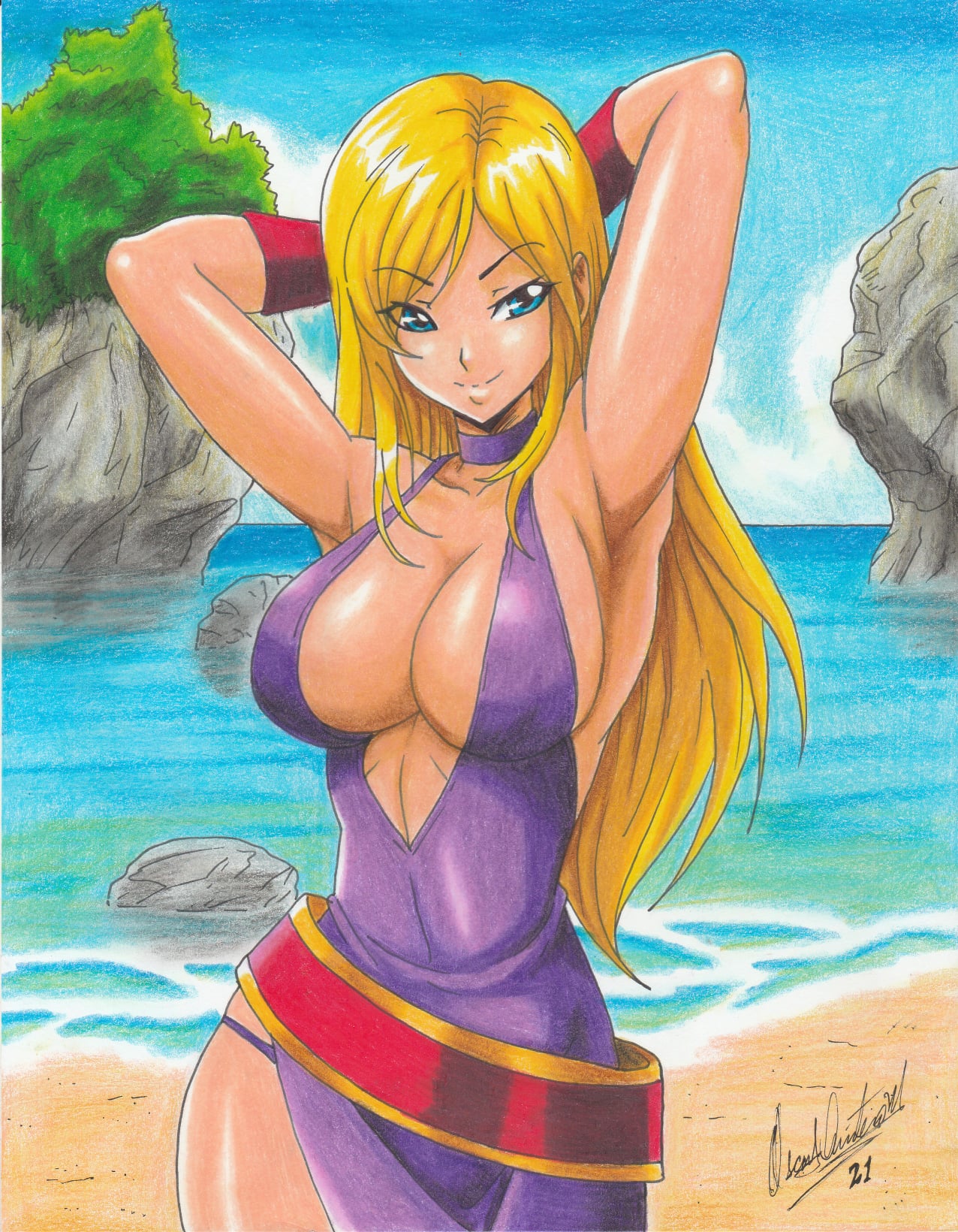 1girls, 2021, armpits, arms behind head, b. jenet, beach, big breasts, blonde hair, blue eyes, breasts, busty, cleavage, clothed, fatal fury, female, female only, garou: mark of the wolves, hands behind head, hips, king of fighters, large breasts, long hair, pose, ravern clouk, seductive, seductive smile, smile, snk, solo, solo female, tagme, thick thighs, thighhighs, thong, voluptuous