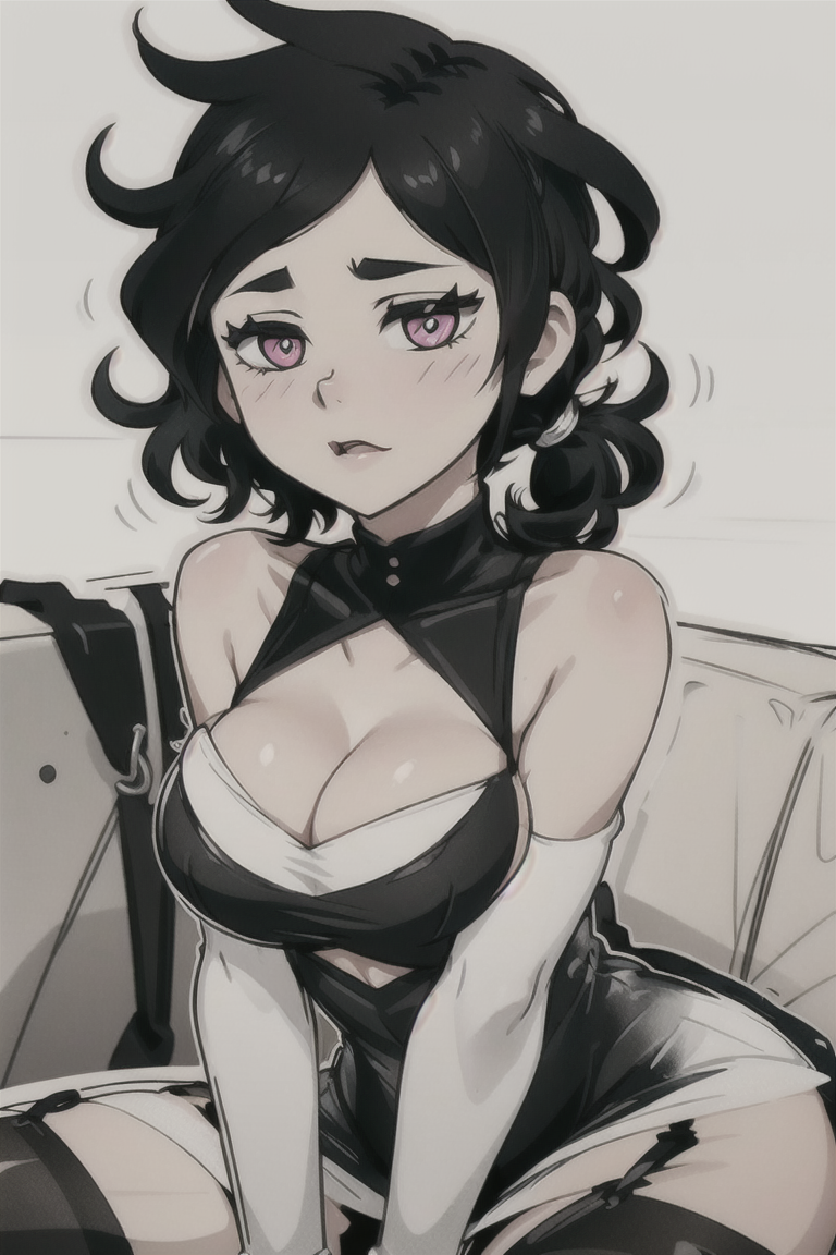 1girls, ai generated, ashley graves, big breasts, black hair, blush, breast press, breasts, cleavage, coookie13, female, female focus, female only, gloves, light skin, light-skinned female, lingerie, looking at viewer, pigtails, pink eyes, short hair, the coffin of andy and leyley, thick thighs, thighhighs, tight clothing, voluptuous