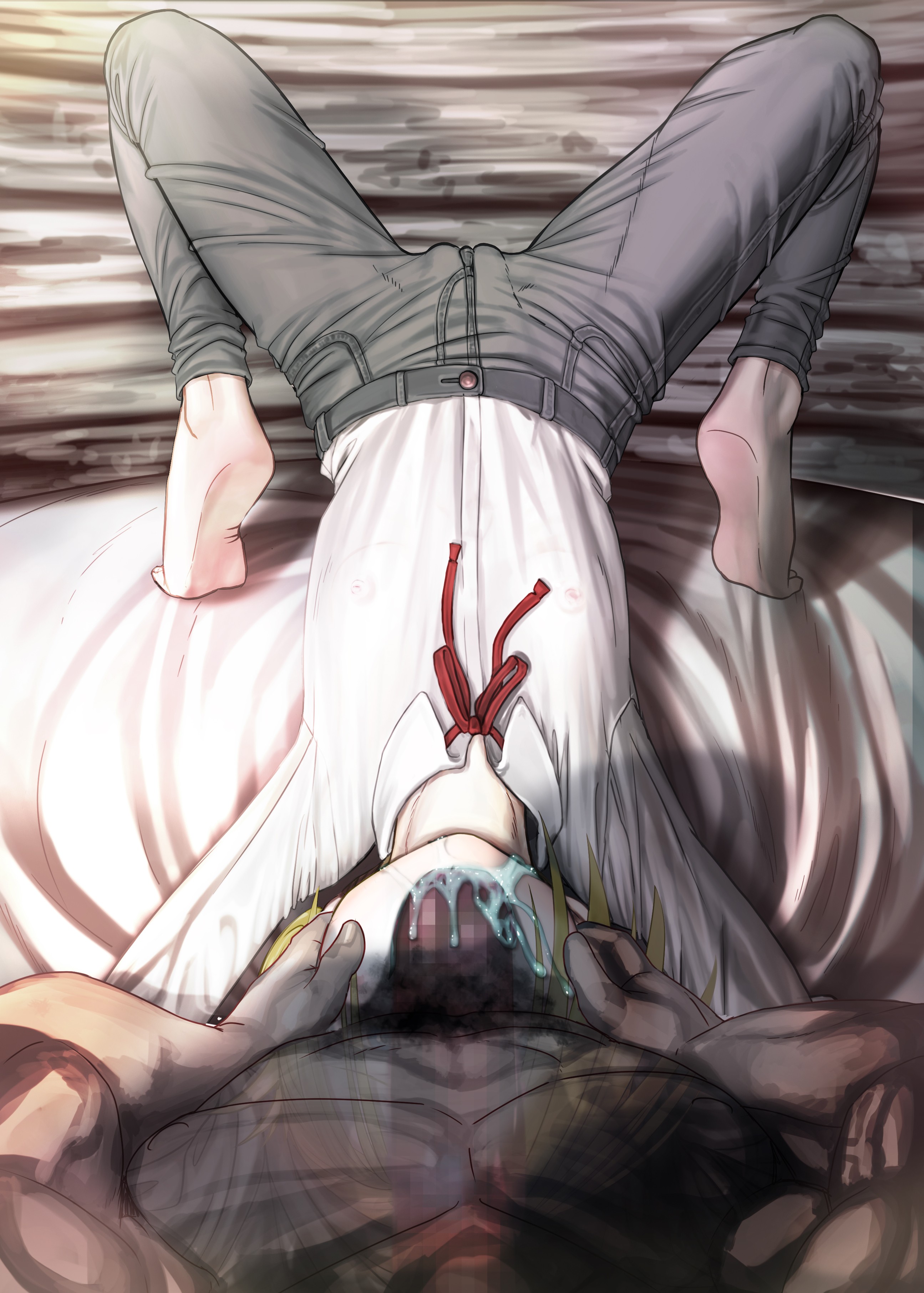 1boy, 1girls, absurdres, annie leonhardt, arched back, attack on titan, bed, bed sheet, blonde hair, blue eyes, breasts, closed mouth, clothed female nude male, cum, cum in mouth, cum in throat, deepthroat, fellatio, female, female focus, head grab, highres, indoors, irrumatio, light skin, light-skinned female, lying, male, nude, on bed, oral, pale skin, pale-skinned female, pants, red ribbon, ribbon, see-through, see-through shirt, shingeki no kyojin, shirt, skinny, small breasts, spread legs, supine blowjob, teenager, throat bulge, throat swabbing, tied hair, upside-down, youkai ankake, young