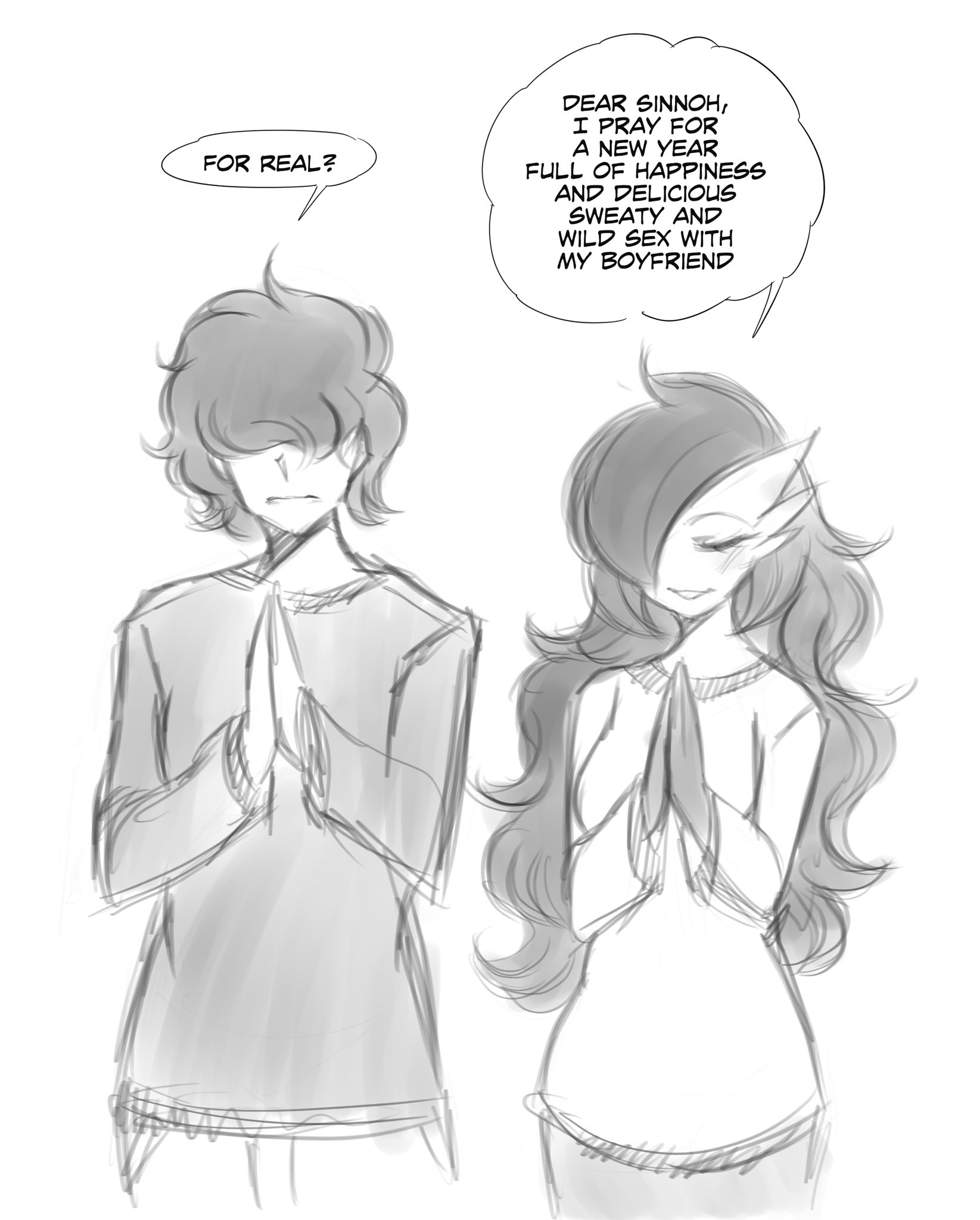 1boy, 1girls, dialogue, english text, female, female pokemon, gardevoir, generation 3 pokemon, greyscale, hi res, human, long hair, male, nintendo, pokémon (species), pokemon, pokemon (species), pokemorph, prayer hands, redditoir, saltyxodium, sketch, speech bubble, white background