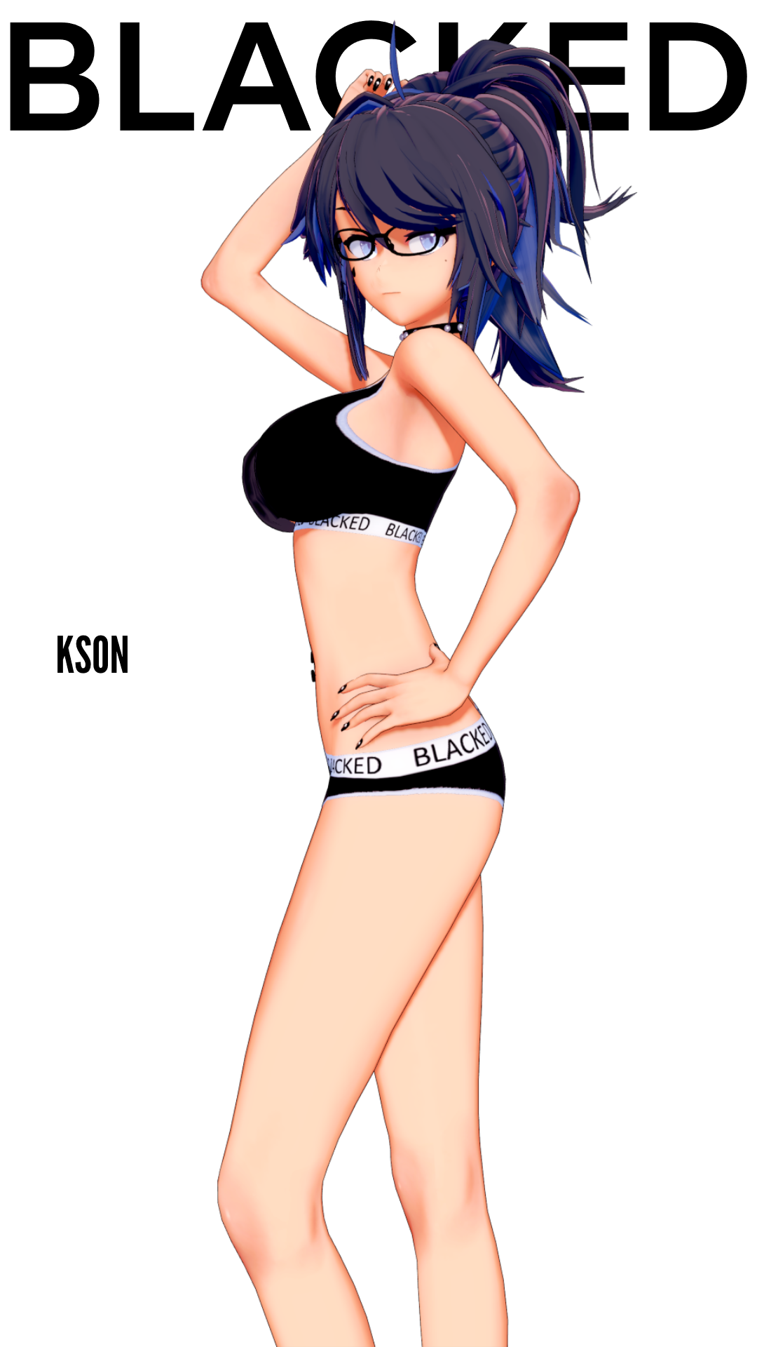 3d, abused paragon (artist), blacked, blacked clothing, commission, female, female only, glasses, kson onair, magazine cover, midriff, ponytail, queen of spades, solo, solo female, virtual youtuber, vshojo, white background