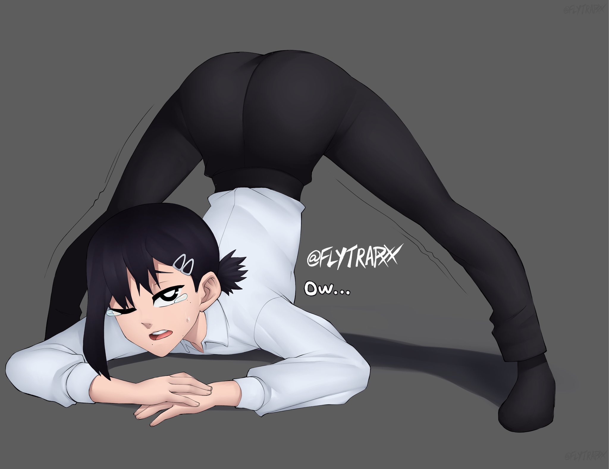 1girls, ass, ass up, black hair, chainsaw man, eye contact, female, flytrapxx, grey background, higashiyama kobeni, jack-o pose, looking at viewer, one eye closed, solo, tight clothing, top-down bottom-up