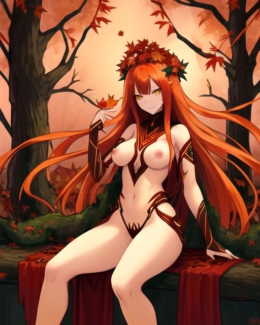 ai_generated autumn forest forest_background orange_hair original_character sitting sitting_down sitting_on_rock trees vines yellow_eyes