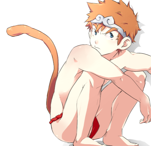 00s 1boy 2009 blue_eyes bulge fundoshi ge_(pixiv210783) lowres male male_only orange_hair pale_skin red_fundoshi simple_background solo squatting tagme tail white_background