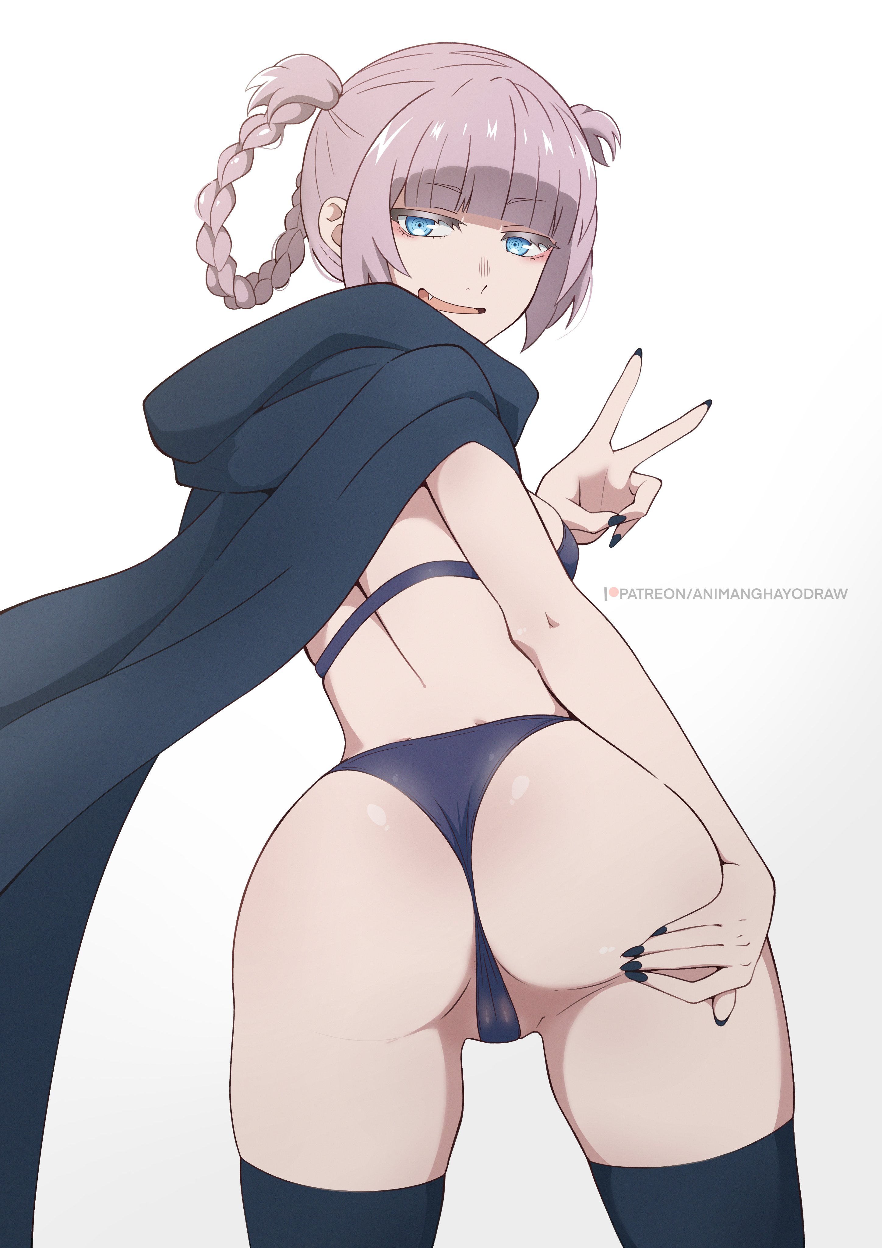 1girls, animanghayodraw, ass, black bra, black legwear, black nail polish, black nails, black panties, black thighhighs, blue eyes, bra, braid, braided hair, breasts, cameltoe, cape, clothing, fangs, female, hood, hood down, legwear, looking at viewer, looking back, matching underwear, nanakusa nazuna, open mouth, panties, peace sign, pink hair, pussy, short hair, solo, spread ass, spread legs, thighhighs, thighs, tight clothing, v sign, vampire, vampire girl, yofukashi no uta