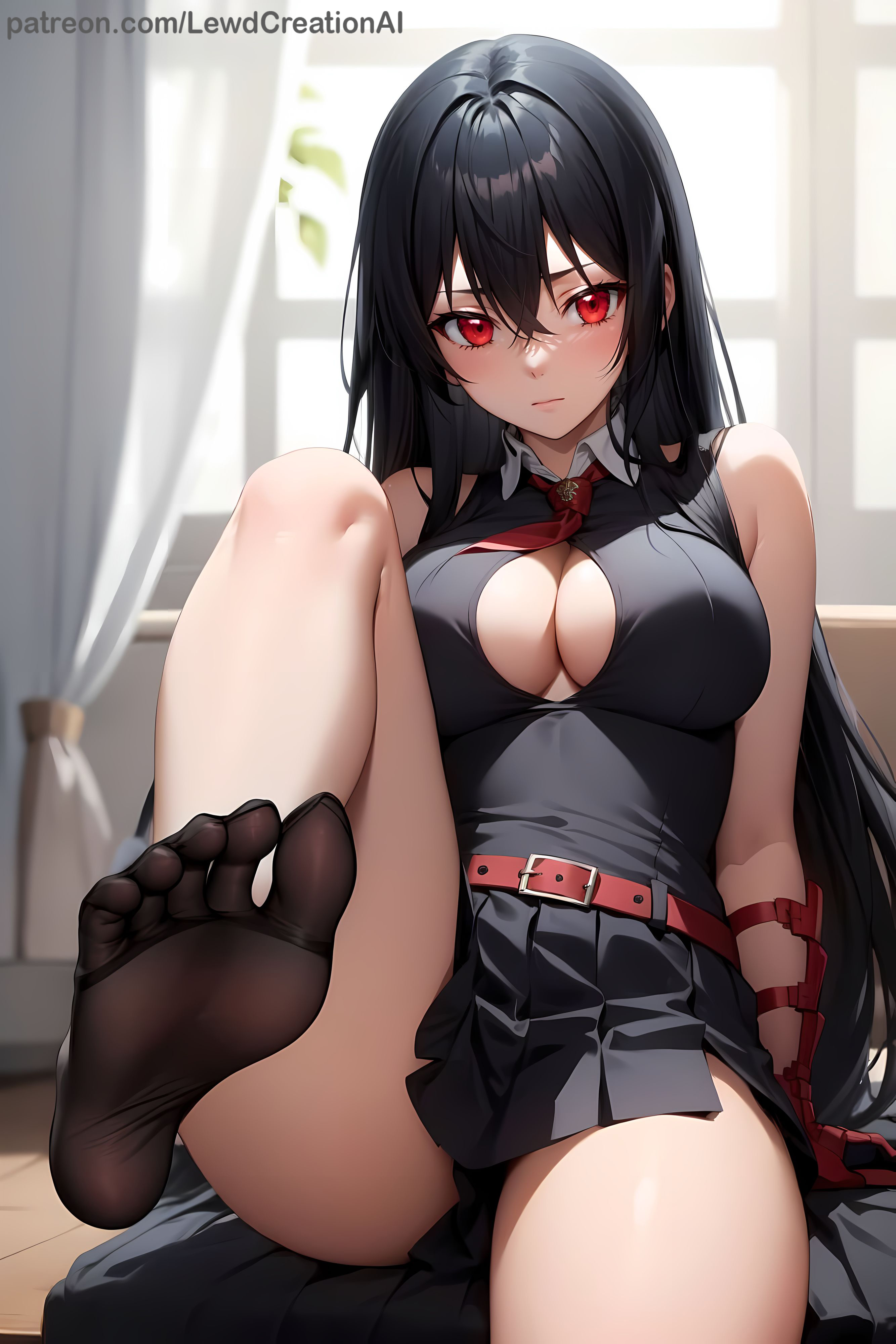 ai generated, akame (akame ga kill!), akame ga kill!, ass, big breasts, black hair, blush, blush lines, breasts, cleavage, feet, feet up, female, foot fetish, foot focus, foot worship, heels, lewdcreationsai, looking at viewer, red eyes, soles, stable diffusion, thick ass, thick thighs, thighhighs, thighs
