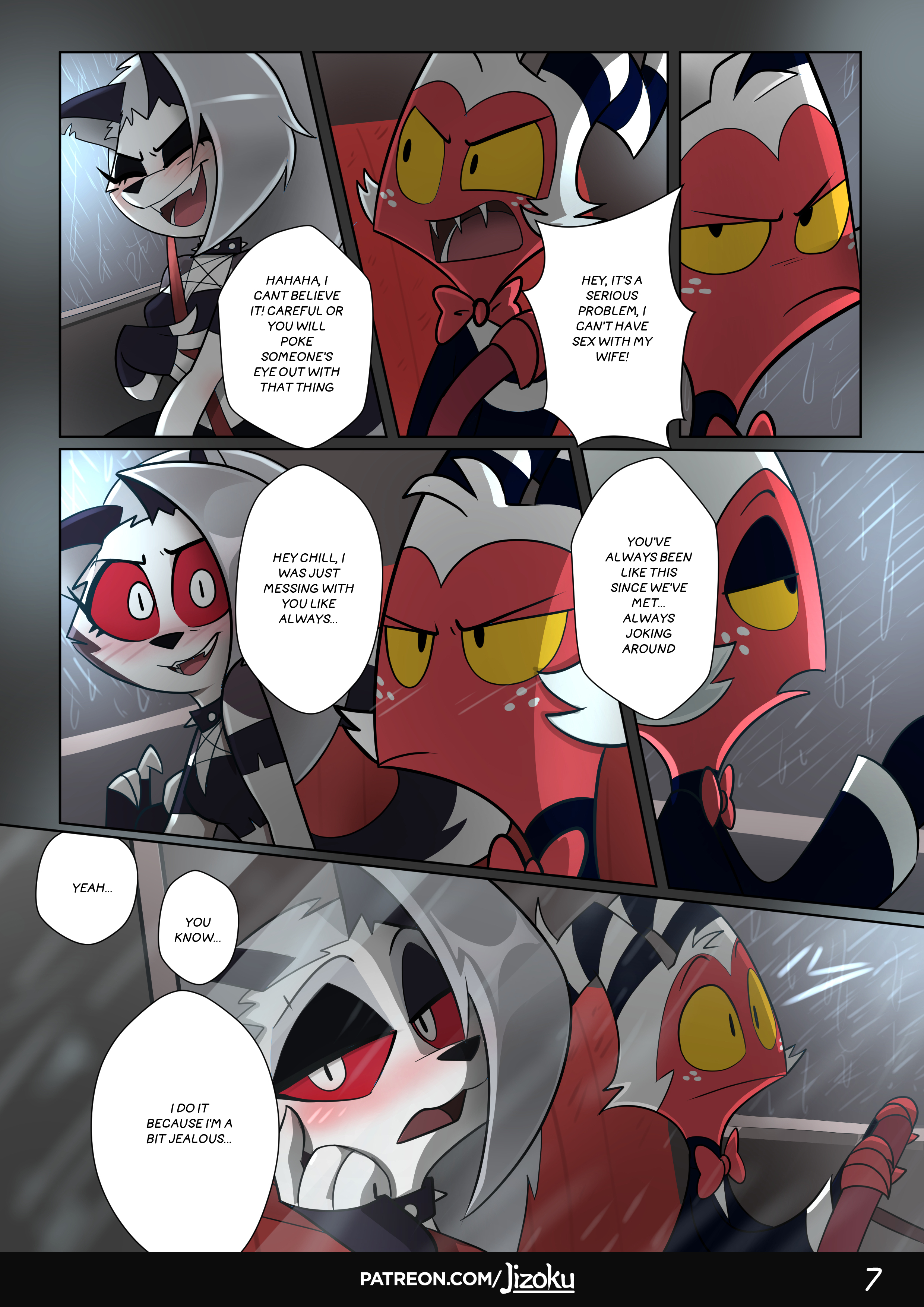 absurd res, anthro, canid, canid demon, canine, clothing, comic, demon, digital media (artwork), driving, duo, english text, female, fox, fur, hair, hellhound, helluva boss, hi res, jizoku, loona (helluva boss), male, mammal, moxxie (helluva boss), page 7, patreon username, shaded, smile, text, url, white eyes
