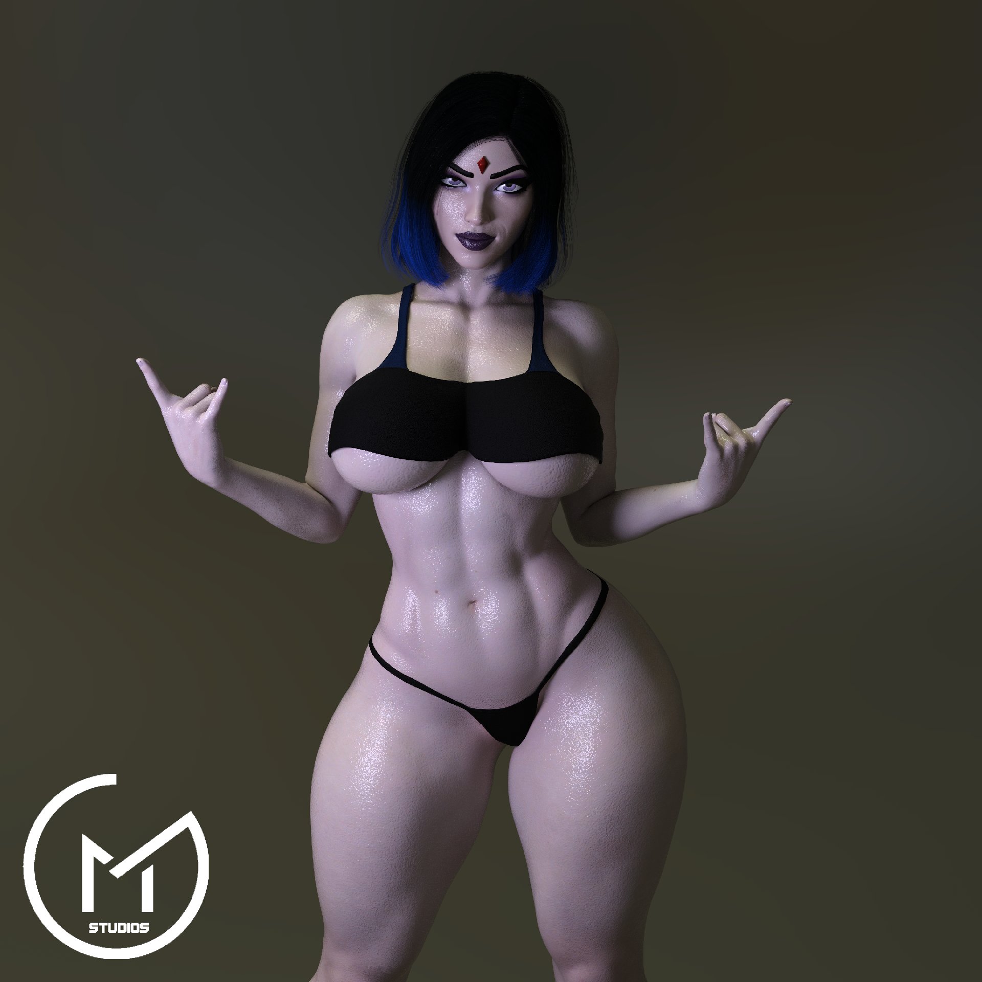 1girls, 3d, 3d (artwork), abs, breasts, dc, dc comics, devil horns, female, female only, gm studios, goth, light skin, light-skinned female, pale skin, pale-skinned female, panties, rachel roth, raven (dc), solo, teen titans, thick thighs, underwear, voluptuous, wide hips