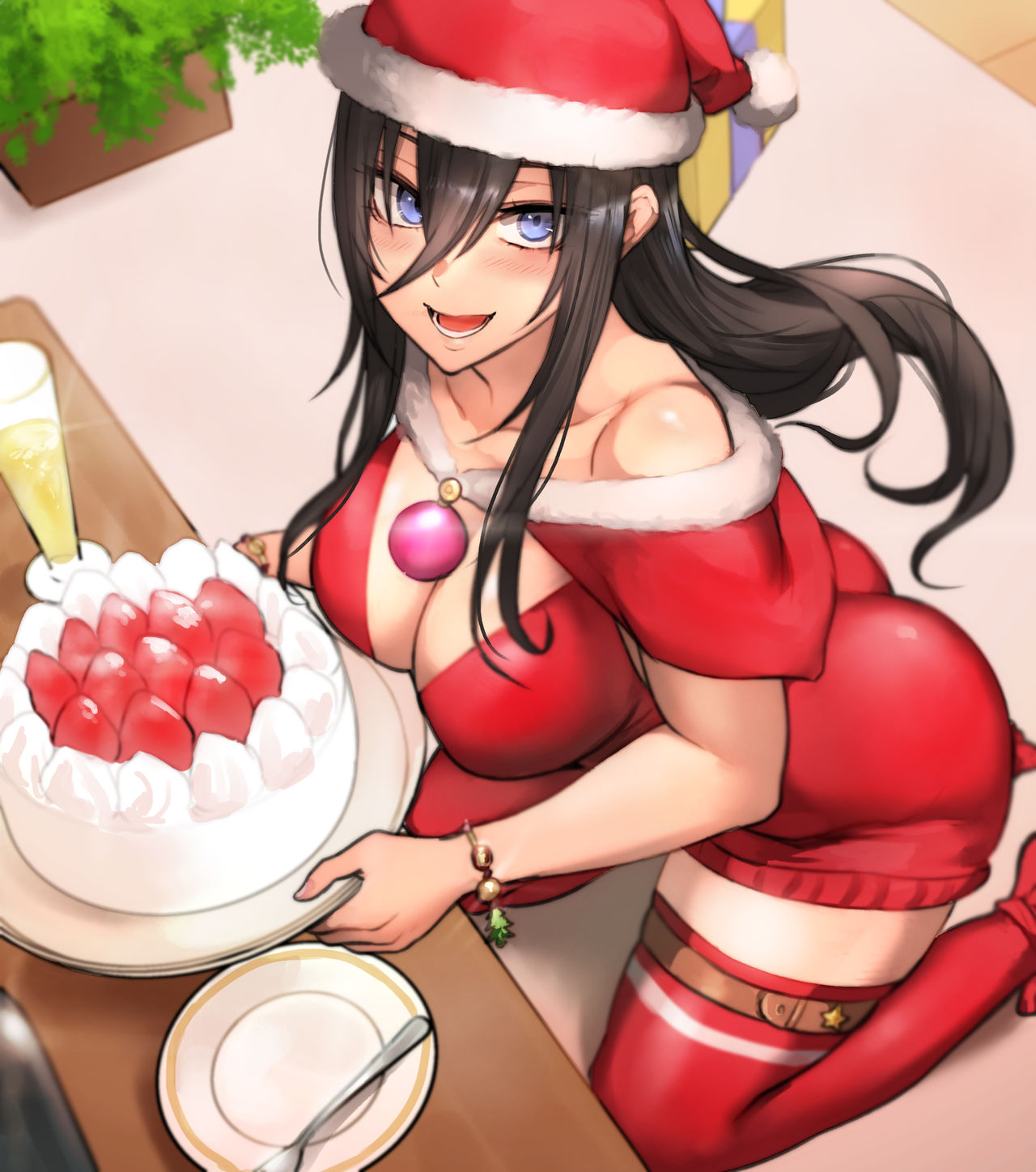 1girls 2020 alcohol ass bare_arms bare_shoulders big_ass black_hair blue_eyes blush bracelet breasts cake capelet christmas christmas_outfit cleavage clothing cup daughter_with_bad_eyesight_(pepe_(jonasan)) dress drink female female_only food fur-trimmed_capelet fur_trim gift gift_box glass happy hat highres holding_plate indoors jewelry kneeling large_breasts long_hair open_mouth original pepe_(jonasan) plate red_capelet red_dress red_sweater santa_hat shoes short_dress skindentation smile solo strapless strapless_dress sweater sweater_dress table teeth thick_thighs thighhighs thighs tight_clothing tongue very_long_hair zettai_ryouiki