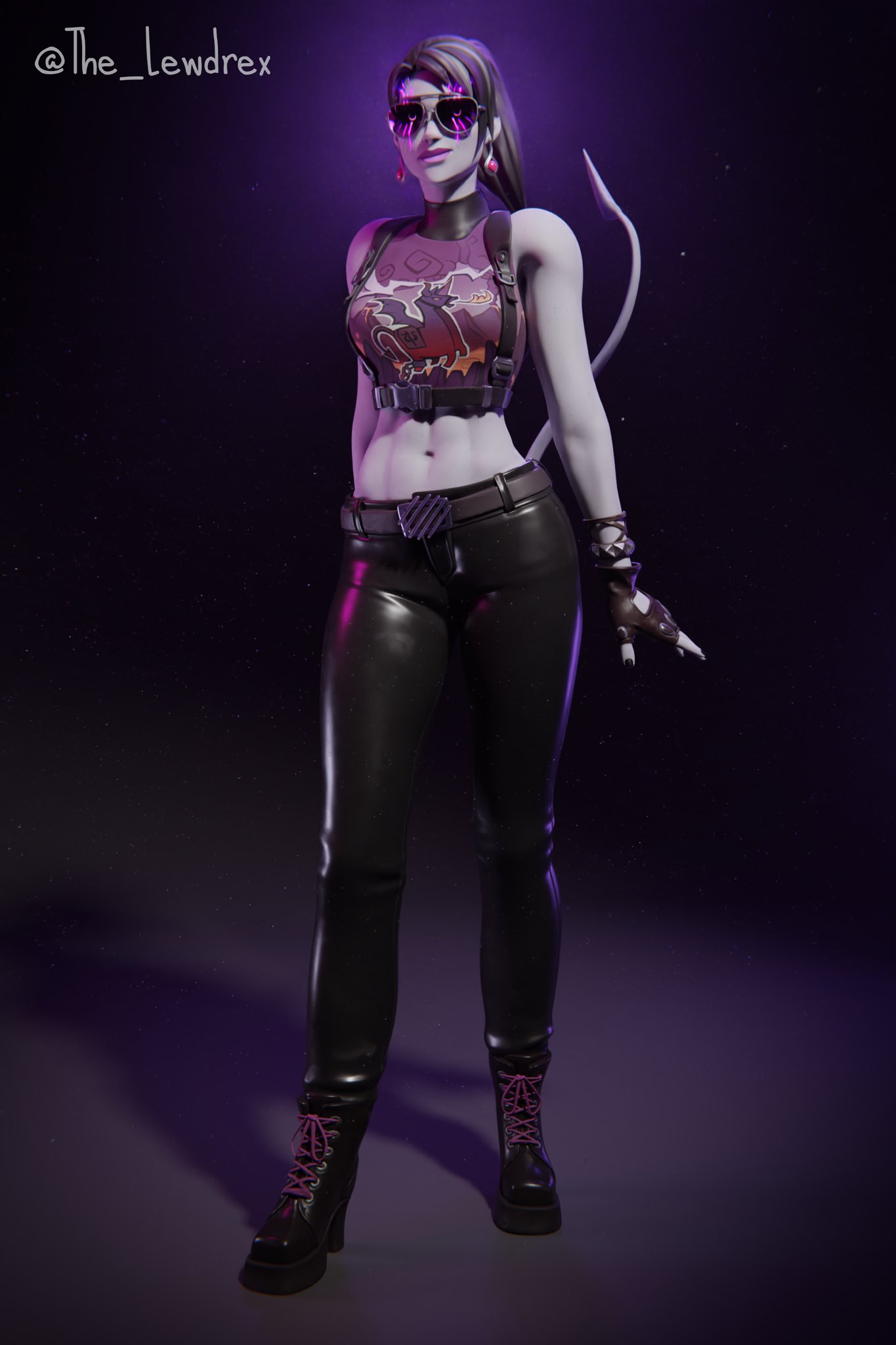 1girls 3d absurd_res aviator_sunglasses big_breasts blender breasts clothed clothing dark_bomber female female_only fortnite glasses glowing glowing_eyes grey_body grey_skin jeans leggings lewdrex nightsurf_bomber nude pants pose posing purple-tinted_eyewear shirt simple_background sunglasses tagme tail tinted_eyewear watermark