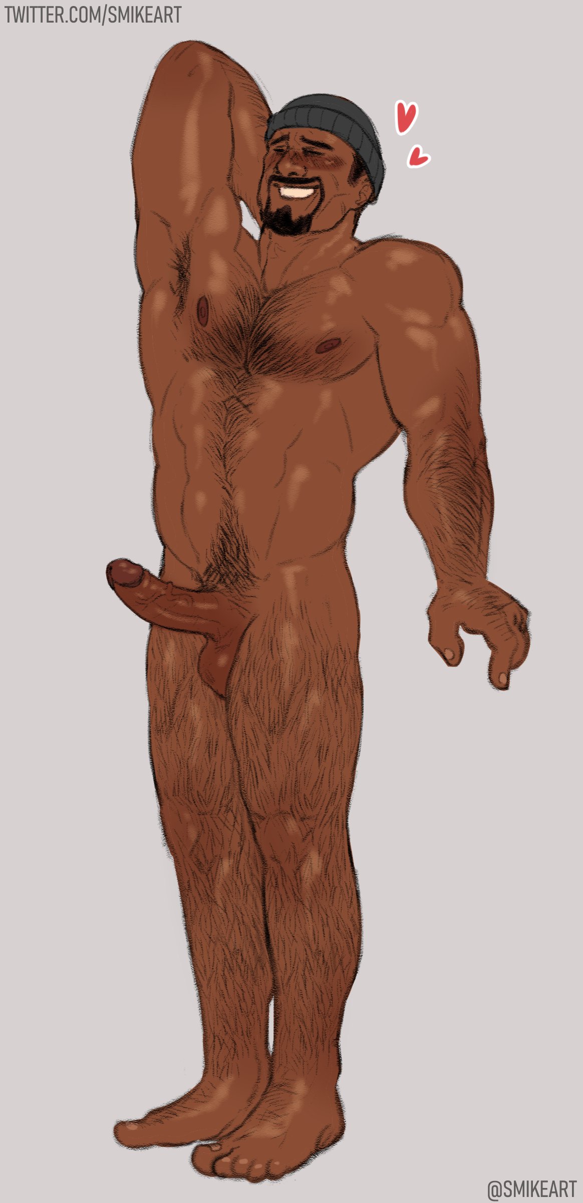 balls bara beanie blush body_hair boner erection facial_hair gabriel_reyes hand_behind_head hat male male_only muscles muscular nude overwatch overwatch_2 penis reaper smikeart solo solo_male