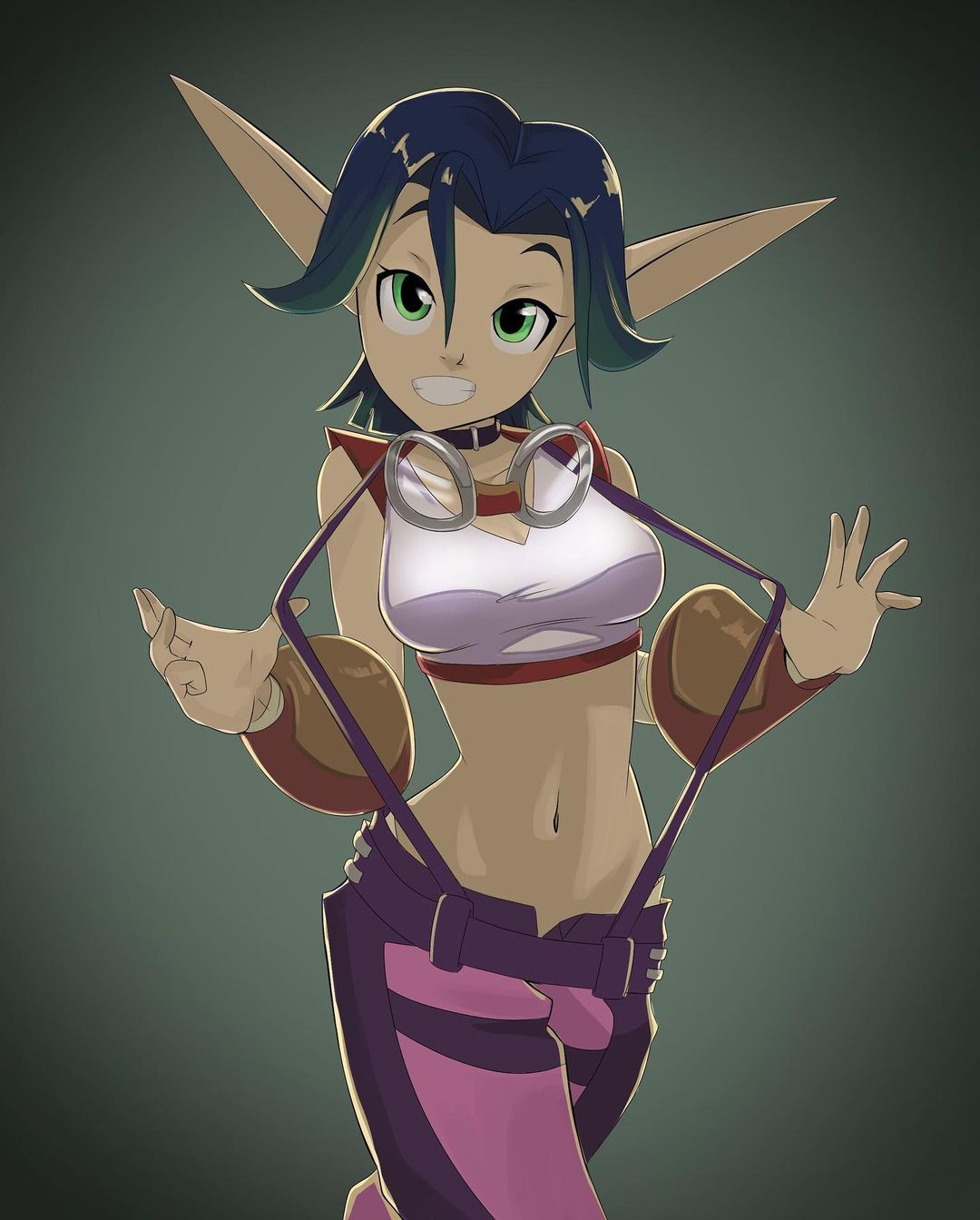 1girls alllex_goodwin bangs breasts choker clothing elf_ears female female_only goggles goggles_around_neck green_eyes green_hair hourglass_figure jak_and_daxter keira_hagai midriff navel pointy_ears pose smile smiling smiling_at_viewer solo solo_female solo_focus suspenders visible_underwear