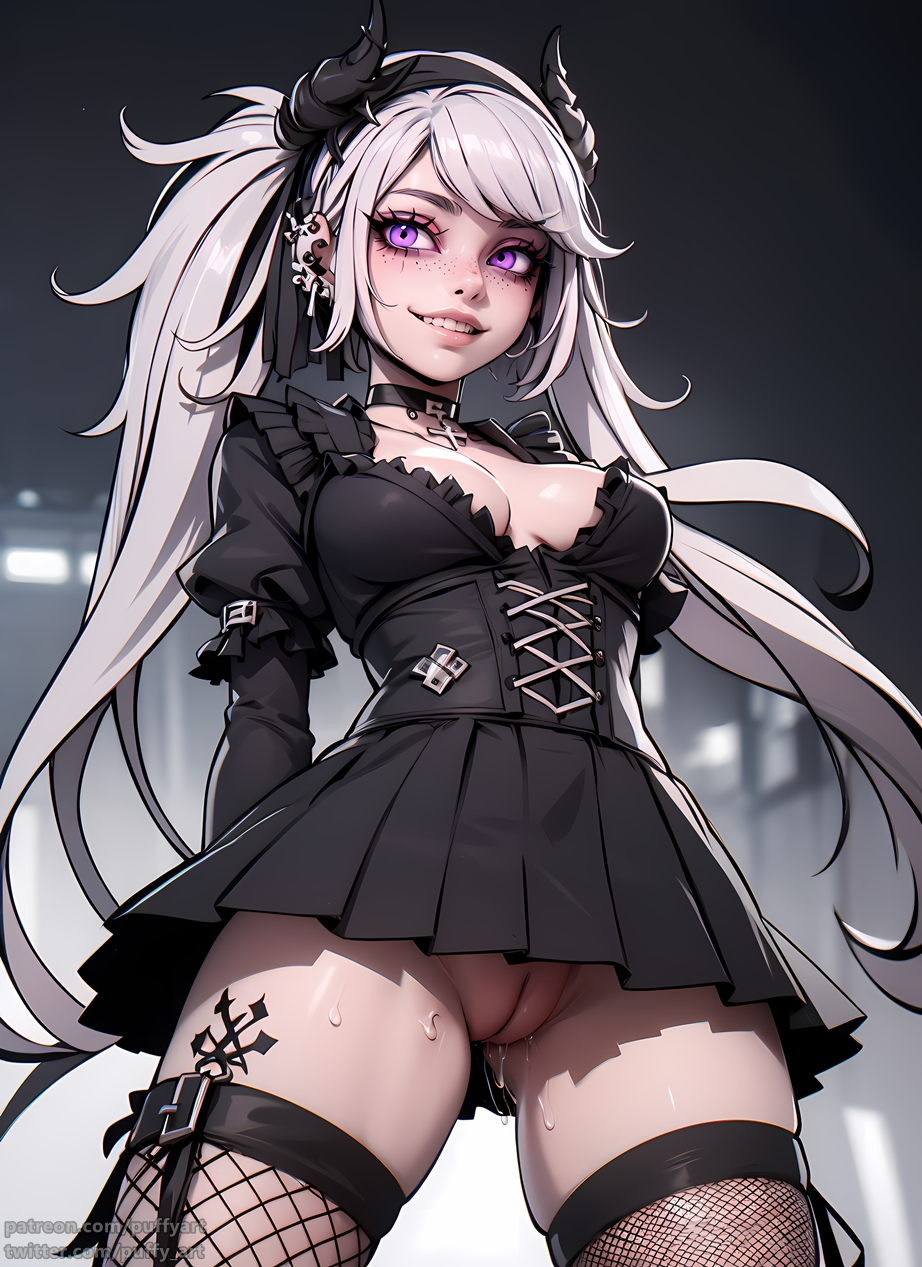 1girls, ai generated, bangs, breasts, choker, cross, dress, ear piercing, female, fishnet legwear, fishnets, freckles, freckles on face, goth, grey hair, hairband, medium breasts, nail polish, necklace, no panties, original character, outdoors, piercing, puffyart, purple eyes, pussy, pussy juice, rings, skirt, smile, solo female, standing, teeth, thick thighs, thighs, twintails, upskirt, white hair