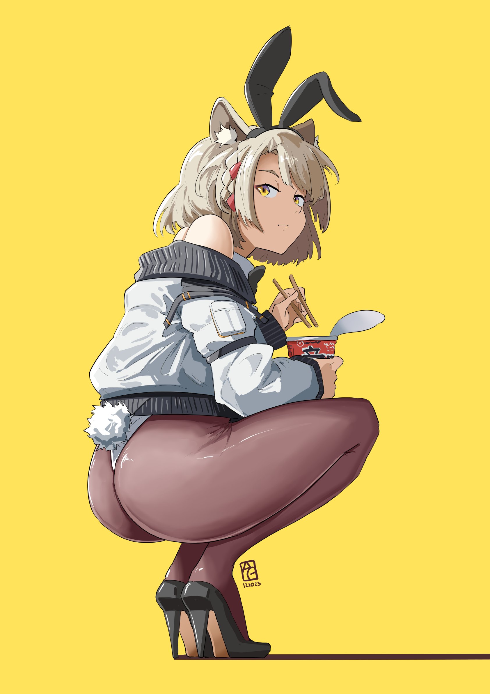 ass, ass focus, automatic giraffe, bunny ears, bunnysuit, cat ears, cat girl, catgirl, female, high heels, looking at viewer, looking back, mio (xenoblade), presenting hindquarters, ramen, solo, solo female, squatting, xenoblade (series), xenoblade chronicles 3