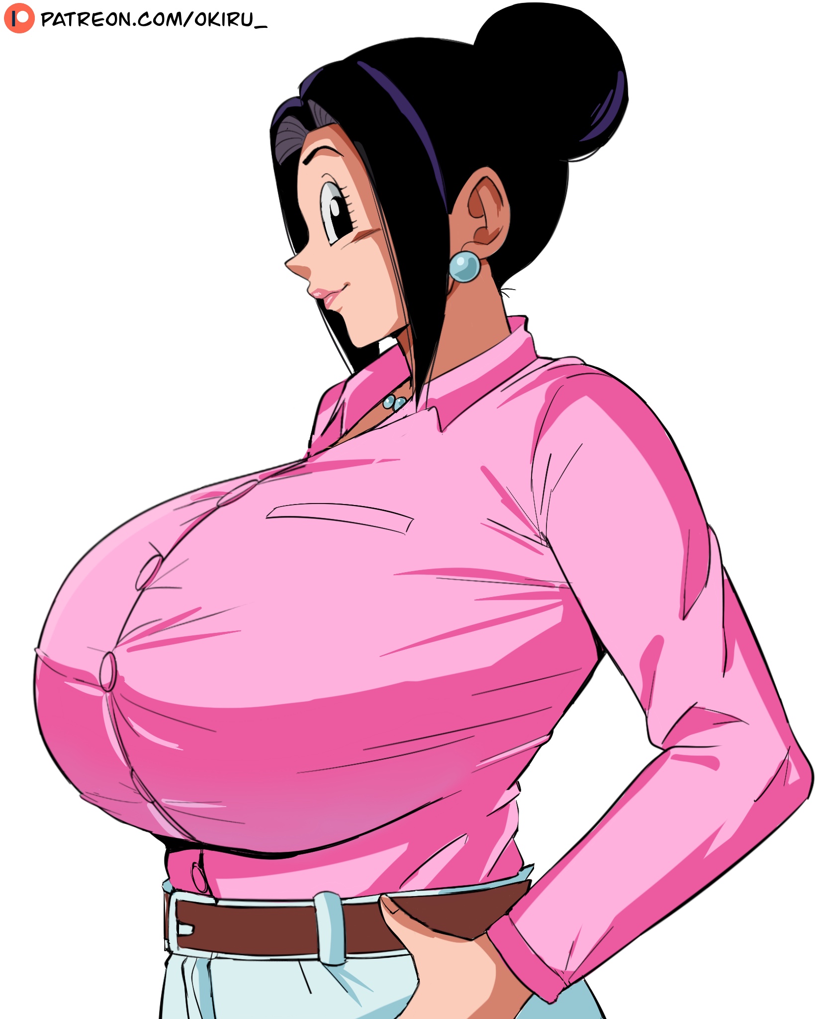 1girls, belt, big breasts, black eyes, black hair, bottomwear, breast focus, breasts, chichi, chichi (bulma's party), clothing, dragon ball, ear piercing, earrings, female, female only, fully clothed, hair, hair bun, huge breasts, large breasts, lipstick, mature, mature female, milf, mother, necklace, neckwear, panarandom, pearl necklace, pink lips, pink lipstick, pink shirt, shirt, solo, solo female, topwear