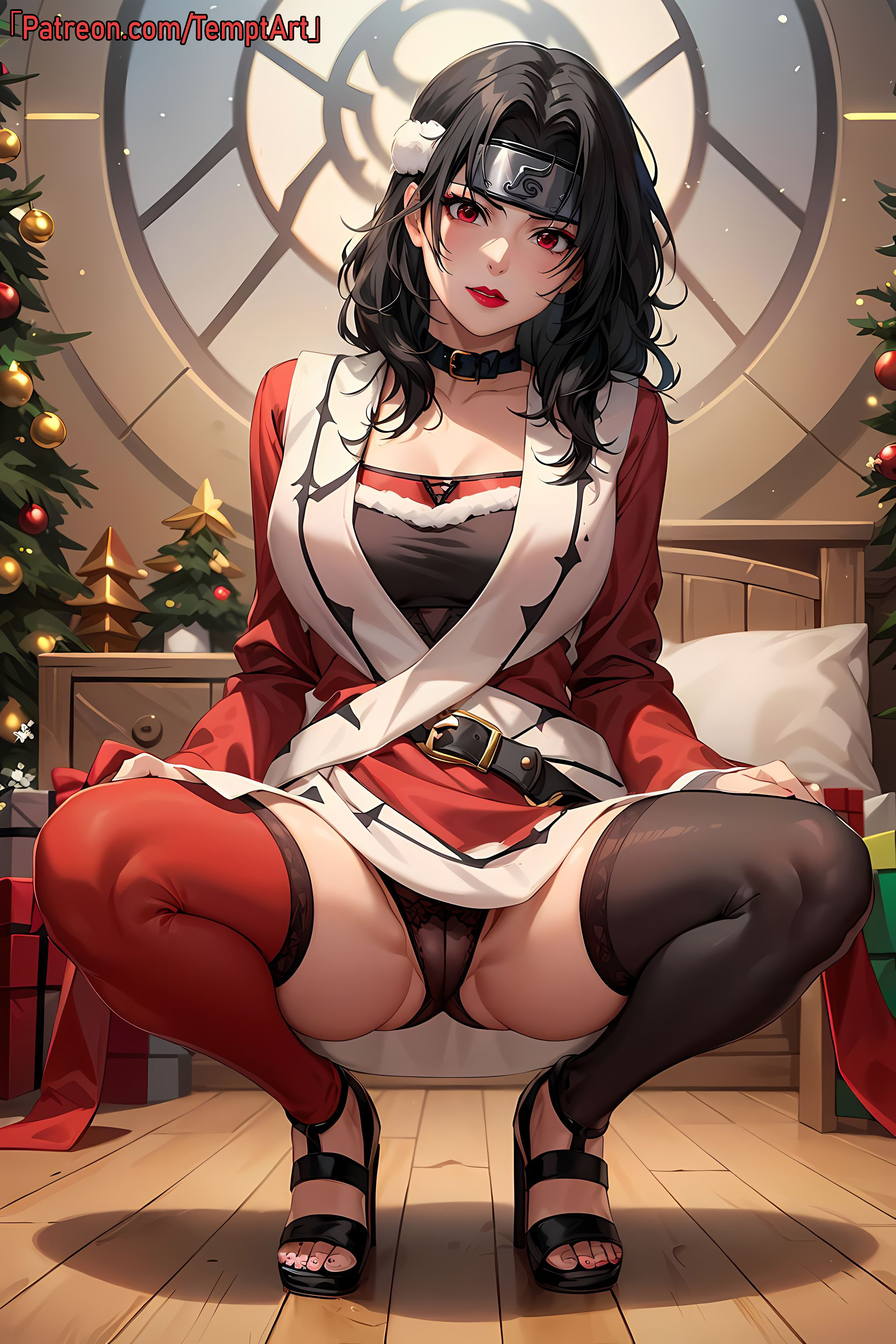 1girls, adapted costume, ai generated, big breasts, black hair, bra, breasts, cameltoe, christmas, christmas clothing, christmas outfit, dress, feet, female, female focus, fur trim, headband, high heels, huge breasts, konohagakure symbol, kurenai yuhi, light skin, light-skinned female, lipstick, long hair, makeup, mature, mature female, milf, mismatched legwear, nai diffusion, nail polish, naruto, naruto (series), naruto shippuden, open toe shoes, panties, patreon username, pussy, red eyes, sandals, squatting, stable diffusion, stockings, temptart, tiptoes, url, watermark, web address
