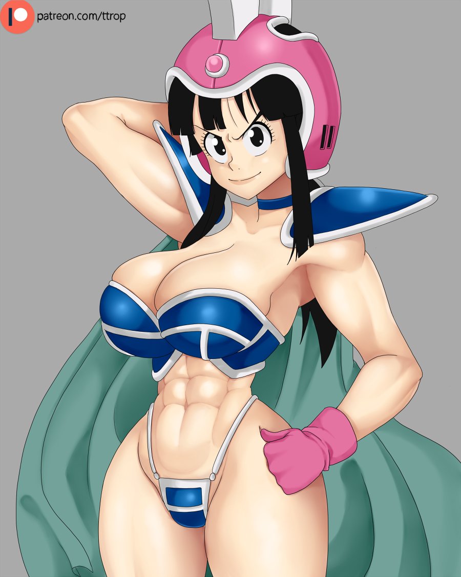 1girls, abs, armor, asian, asian female, bikini armor, breasts, chichi, chichi's armor, chichi's helmet, dragon ball, dragon ball (classic), dragon ball z, female, female only, fringe, gloves, large breasts, looking at viewer, muscular, muscular female, skimpy clothes, smile, ttrop
