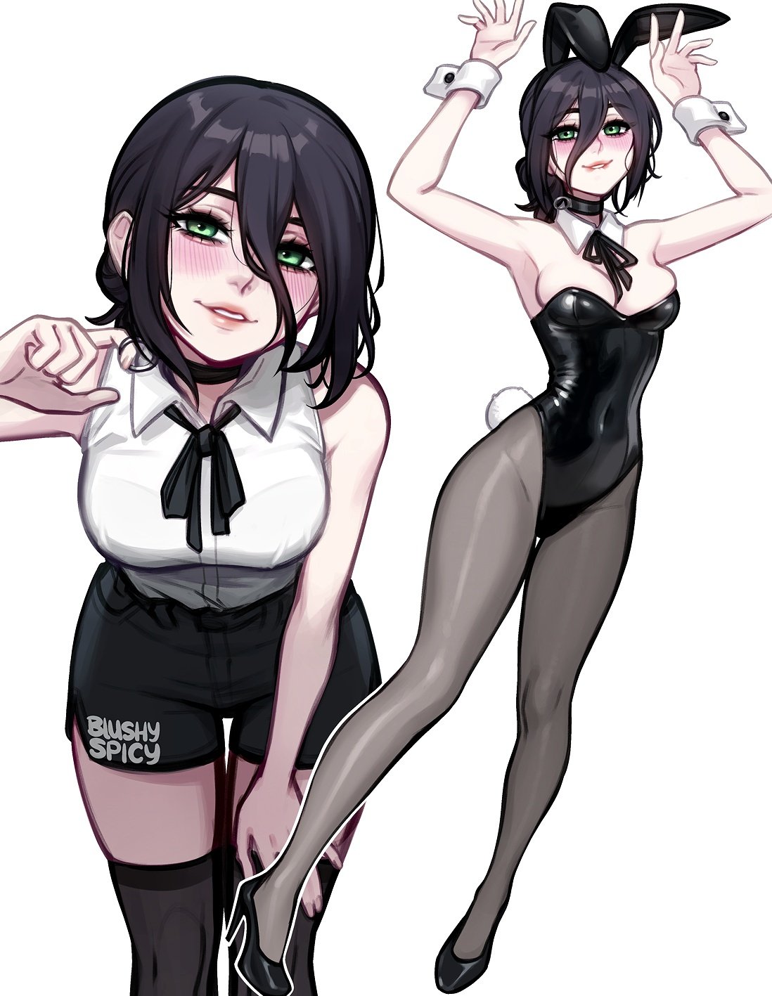 black hair, blushypixy, blushyspicy, bunny ears, bunnysuit, chainsaw man, collar, female, female focus, female only, green eyes, hands up, high heels, human, leaning forward, light skin, light-skinned female, looking at viewer, pantyhose, reze (chainsaw man)