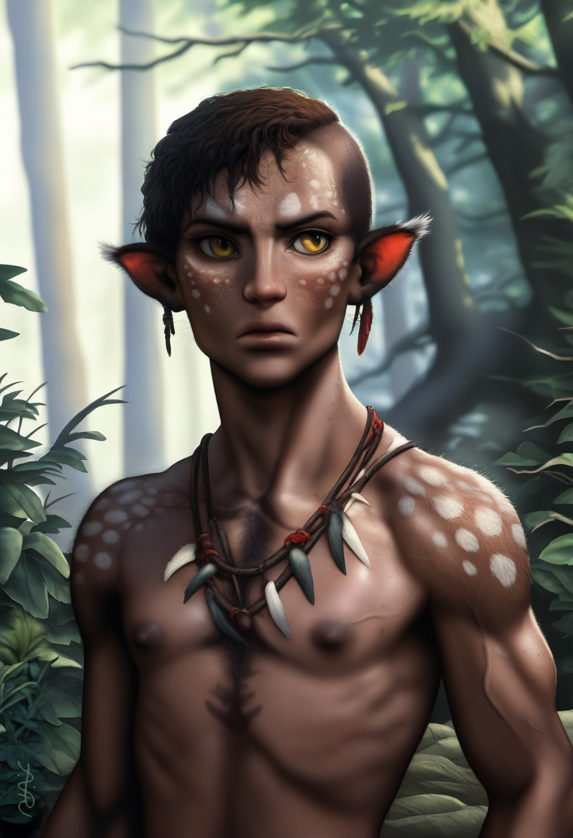 1boy 2024 a_song_of_ice_and_fire abs ai_generated athletic_male avaru brown_body brown_skin cat_eyes children_of_the_forest elf furry_ears game_of_thrones humanoid jewelry large_eyes male male_focus male_only muscular nipples pointy_ears solo spots spotted_body tribal_jewelry tribe vein yellow_eyes