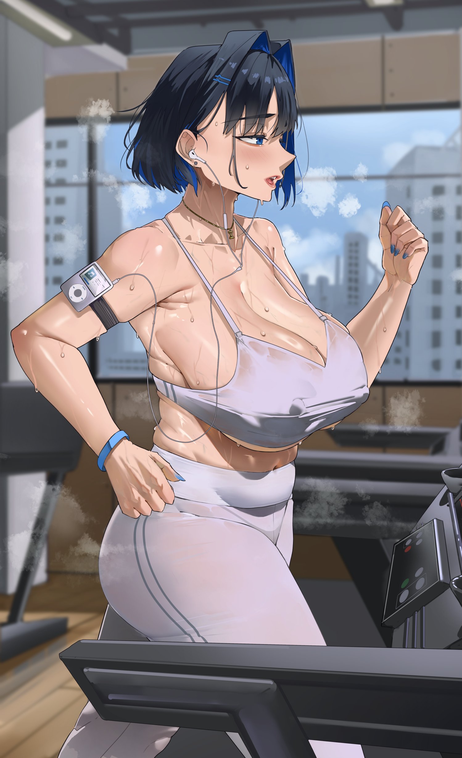 1girls, 2d, alternate costume, archinoer, bangs, beautiful woman, big breasts, blue eyes, blue hair, blue nail polish, blue nails, breasts, color, colored, curvaceous, curvy, curvy figure, detailed, detailed background, digital media (artwork), earbuds, exercise, exercise clothing, fanart, female, female focus, female only, flushed, flushed face, gym, gym clothes, heavy sweating, hi res, hololive, hololive english, hololive english -council-, hololive english -promise-, huge breasts, indoors, inside, ipod, large breasts, light skin, light-skinned female, listening to music, nail polish, nipples, nipples visible through clothing, oblivious sexualization, ouro kronii, painted nails, running, short hair, short hair female, side view, sideboob, solo, sports bra, sports pants, sweat, sweating, sweaty, treadmill, virtual youtuber, voluptuous, voluptuous female, workout, wristband