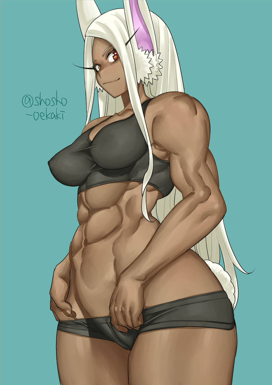 1girls, abs, bunny ears, dark skin, dark-skinned female, female, implied ass cleavage, miruko, muscular, muscular female, my hero academia, pinup, rumi usagiyama, shosho oekaki, solo, sports bra, white hair