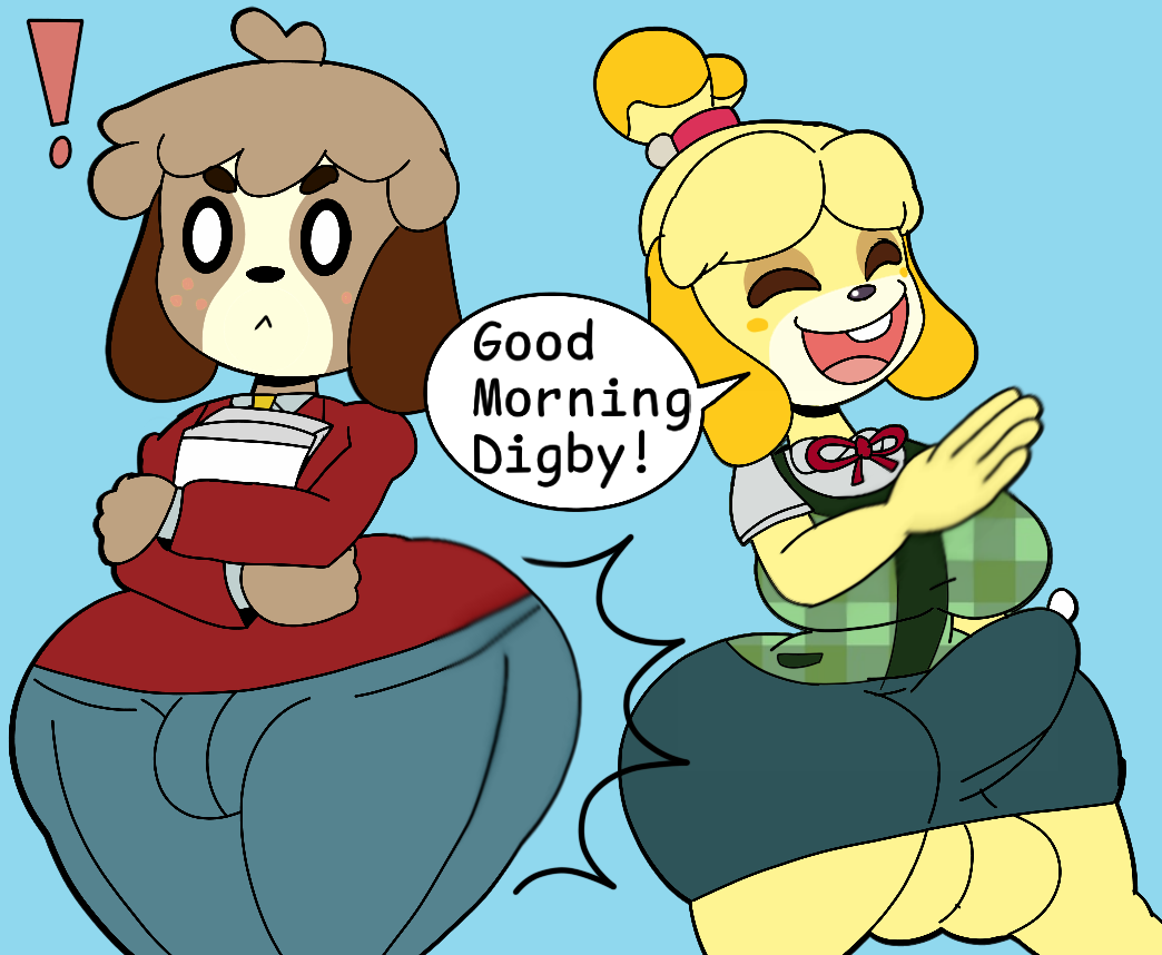 ! animal_crossing anthro big_ass big_balls big_penis bottom_heavy brother_and_sister buenos_dias_mandy bulge butt_slap digby_(animal_crossing) dog_ears english_text erection erection_under_clothes femboy flirting furry furu_flami futanari incest isabelle_(animal_crossing) male meme penis precum precum_through_clothing spanking thick_thighs