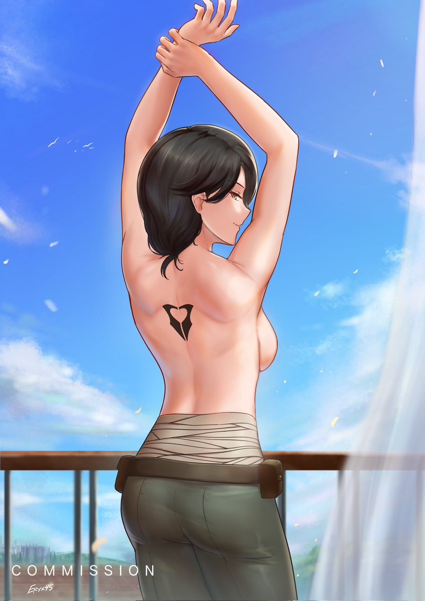 amber_eyes ass back_tattoo black_hair body_wraps buttfucker3000 cinder_fall commission eryx45 facing_away hand_on_wrist rwby tattoo topless topless_female