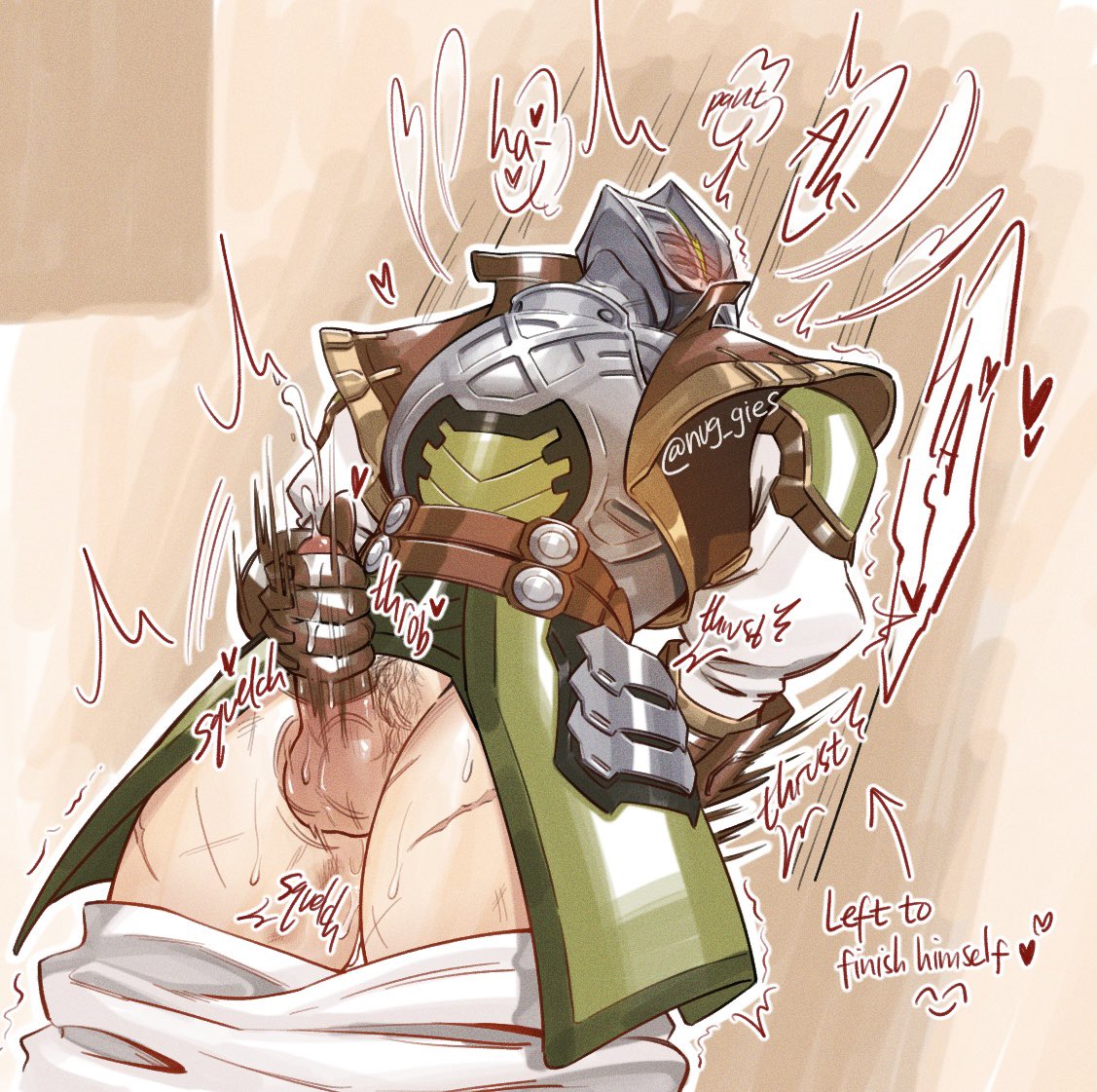 1boy anal_fingering armor artist_name blush brown_background brown_gloves chest_armor colored_skin cum ejaculation english_text fingering genji gloves helmet knight long_sleeves looking_up male_focus male_masturbation male_only male_pubic_hair masturbation moaning nug_gies nuggies_(nug_gies) official_alternate_costume overwatch overwatch_2 pubic_hair scar simple_background solo sweat trembling twitter_username uncensored white_sleeves yaoi