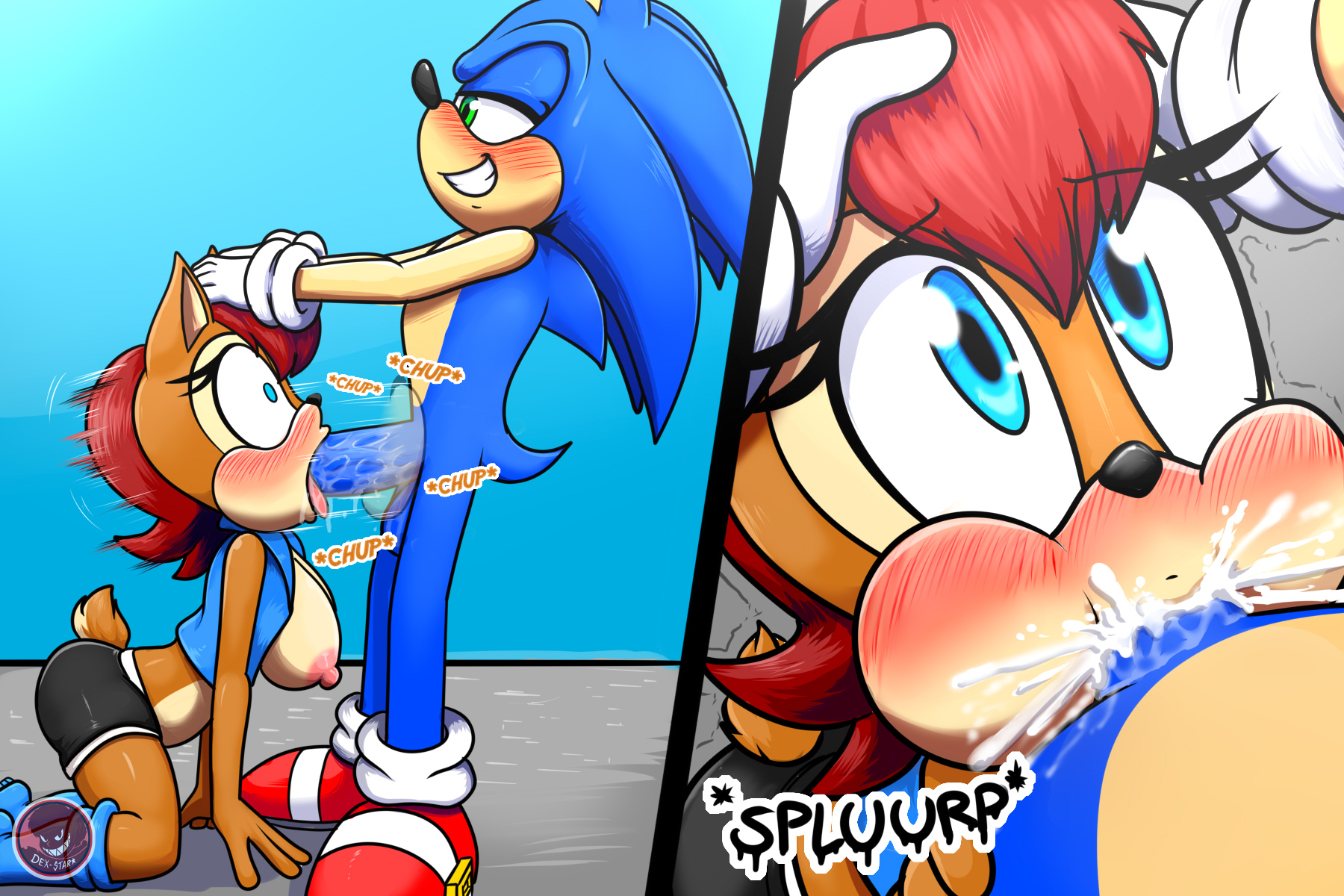 2021, 3:2, 5 fingers, all fours, anthro, anthro on anthro, anthro penetrated, anthro penetrating, anthro penetrating anthro, archie comics, balls, big breasts, big nipples, black bottomwear, black clothing, black nose, black pupils, black shorts, blowjob, blue balls, blue body, blue clothing, blue eyes, blue fur, blue hair, blue penis, blue topwear, blue vest, blush, bodily fluids, bottomwear, breasts, brown body, brown fur, chipmunk, clothed, clothing, cum, cum down throat, cum from mouth, cum in mouth, cum in throat, cum inside, cum on face, cum on penis, cum splatter, cumshot, deepthroat, dexstar, dominant, dominant anthro, dominant male, duo, ejaculation, erection, eulipotyphlan, exposed torso, face fucking, fellatio, female, female penetrated, fingers, footwear, front view, fur, genital fluids, genitals, gloves, green eyes, grin, ground squirrel, hair, handwear, head grab, hedgehog, hi res, inside, interspecies, looking down, looking up, male, male penetrating, male penetrating female, male/female, mammal, mostly nude, motion lines, multiple angles, nipples, onomatopoeia, open clothing, open mouth, open topwear, open vest, oral, oral penetration, oral sex, orgasm, penetration, penile, penis, penis in mouth, pink nipples, puffed cheeks, pupils, red clothing, red footwear, red hair, red shoes, rodent, rough sex, sally acorn, sciurid, sega, sex, shaking, shoes, shorts, side view, smile, sonic (series), sonic the hedgehog, sonic the hedgehog (archie), sonic the hedgehog (comics), sonic the hedgehog (series), sound effects, squirrel, standing, submissive, submissive anthro, submissive female, sweat, tan body, text, thrusting, tongue, tongue out, tongue out blowjob, topwear, trembling, vest, white bottomwear, white clothing, white footwear, white gloves, white handwear, white shoes, white shorts
