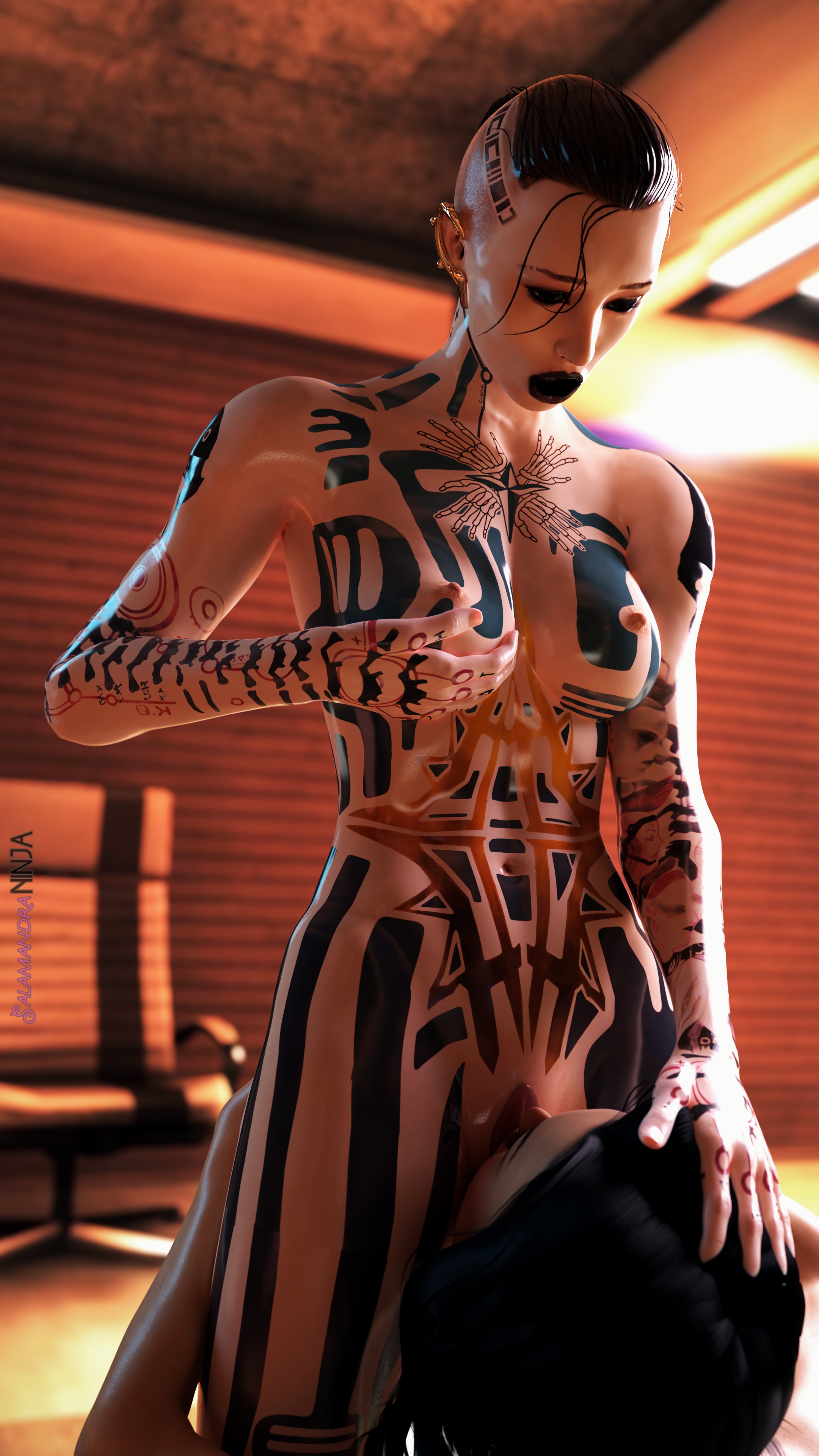 2girls, 3d, breasts, female, female only, jack (mass effect), mass effect, miranda lawson, nude, nude female, salamandraninja, tattoo, yuri