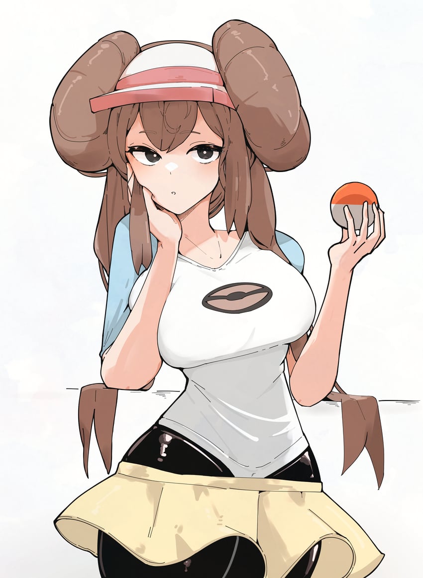 1girl 1girls azz0422 black_pants clavicle curious curious_look female female_focus female_only fully_clothed game_freak gamefreak hair_bun hand_on_face hat holding_object interested large_breasts leggings long_hair nintendo pigtails pokeball pokemon pokemon_bw pokemon_bw2 pouting resting_head rosa_(pokemon) shirt skirt solo solo_female solo_focus t-shirt twintails visor_cap white_background white_shirt yellow_skirt