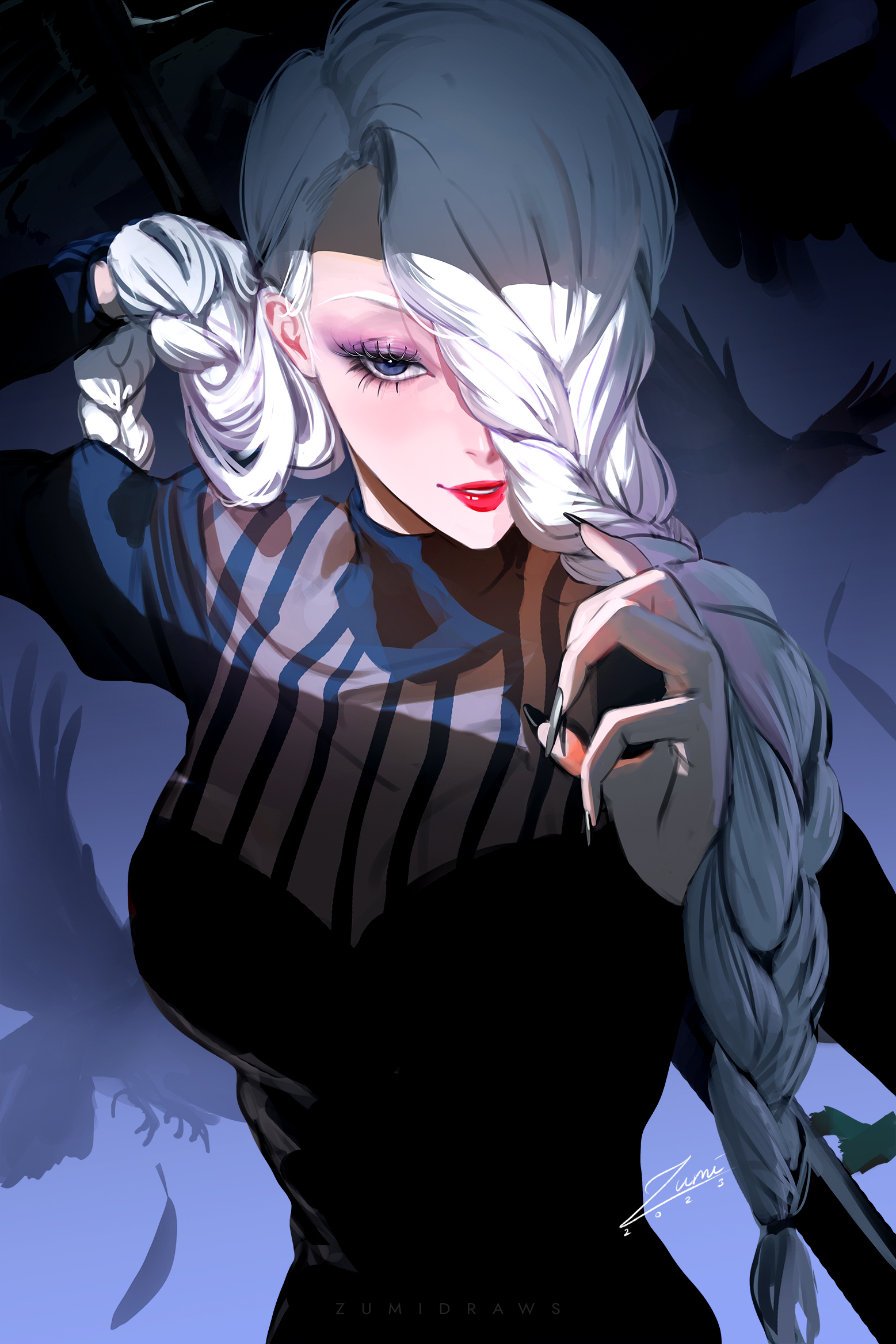 big breasts, breasts, female, hair over one eye, jujutsu kaisen, lipstick, long hair, looking at viewer, makeup, mei mei (jujutsu kaisen), one eye covered, tagme, twin braids, white hair, zumi