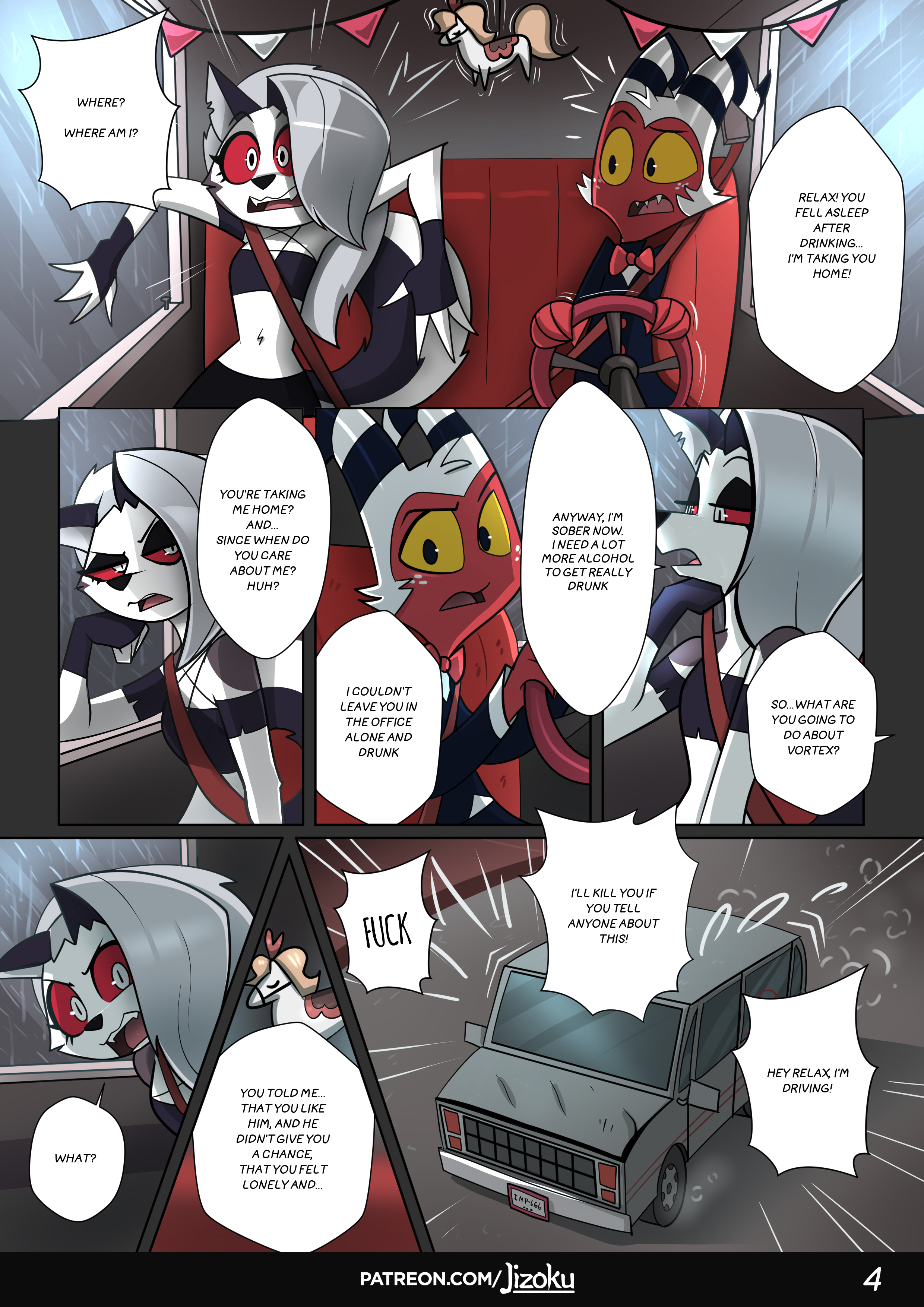 2021, absurd res, anthro, black body, black fur, bow tie, canid, canid demon, car, clothing, comic, crop top, demon, demon humanoid, dialogue, digital media (artwork), duo, english text, female, fingerless gloves, fur, gloves, grey hair, hair, handwear, hellhound, helluva boss, hi res, horn, humanoid, imp, jizoku, loona (helluva boss), male, mammal, medium truck, moxxie (helluva boss), page 4, patreon username, profanity, red body, red sclera, red skin, shaded, shirt, speech bubble, steering wheel, text, topwear, truck (vehicle), url, van, vehicle, white body, white eyes, white fur, white hair, yellow eyes