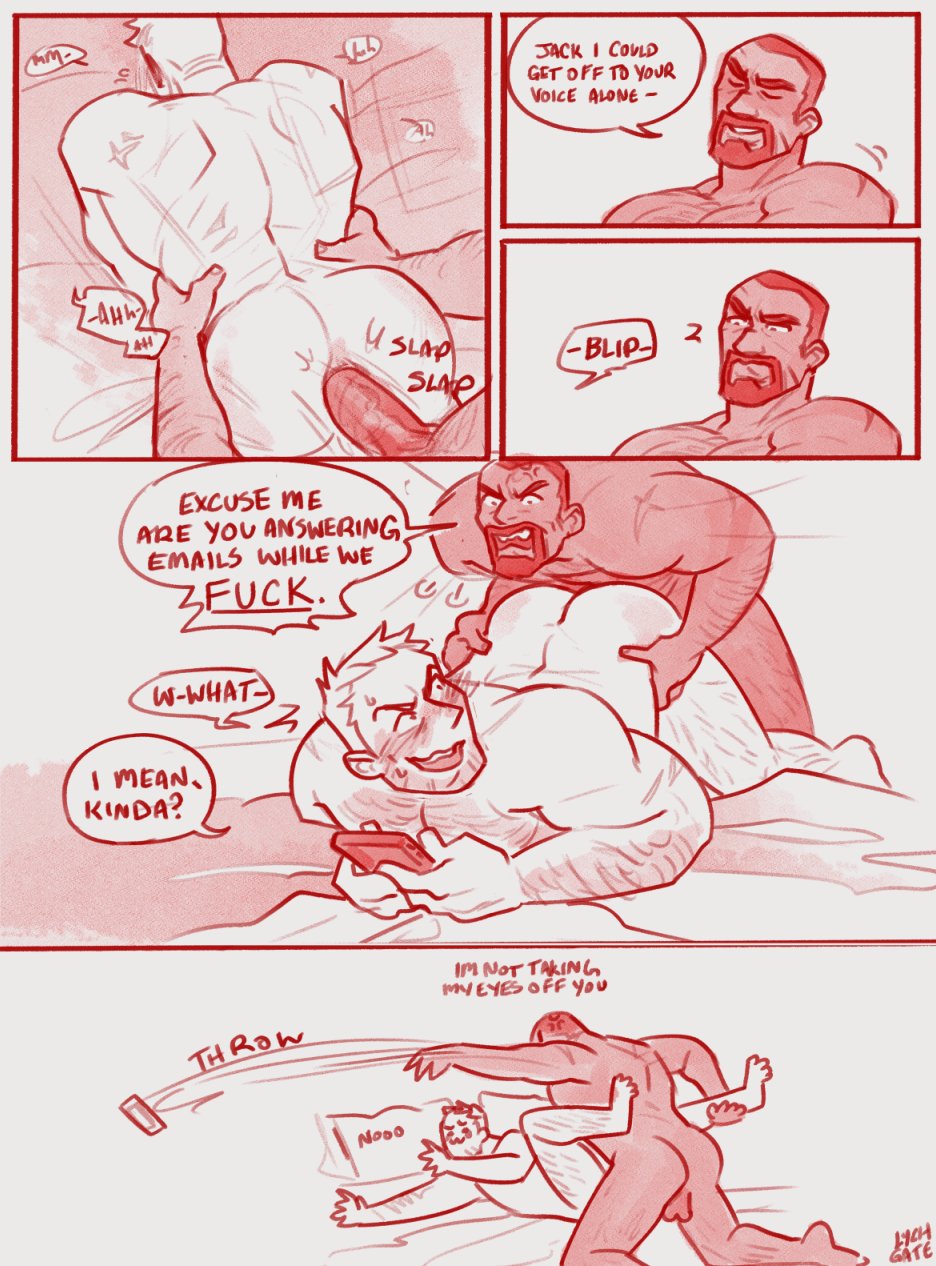 anal anal_sex balls blush boner closed_eyes comic dickgate english_text erection gabriel_reyes gay jack_morrison lychgate male male_only monochrome muscles muscular nude overwatch overwatch_2 penis phone reaper sex soldier_76 speech_bubble