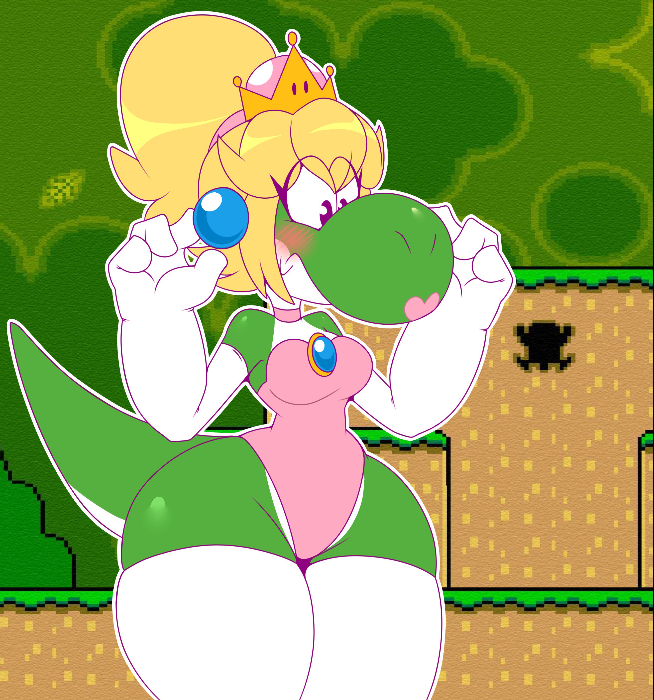 1girls, blonde hair, blush, breasts, dongitos, earrings, female, green skin, lipstick, mario (series), new super mario bros. u deluxe, nintendo, ponytail, rule 63, small breasts, super crown, super mario world, thick thighs, thighhighs, yoshette, yoshi