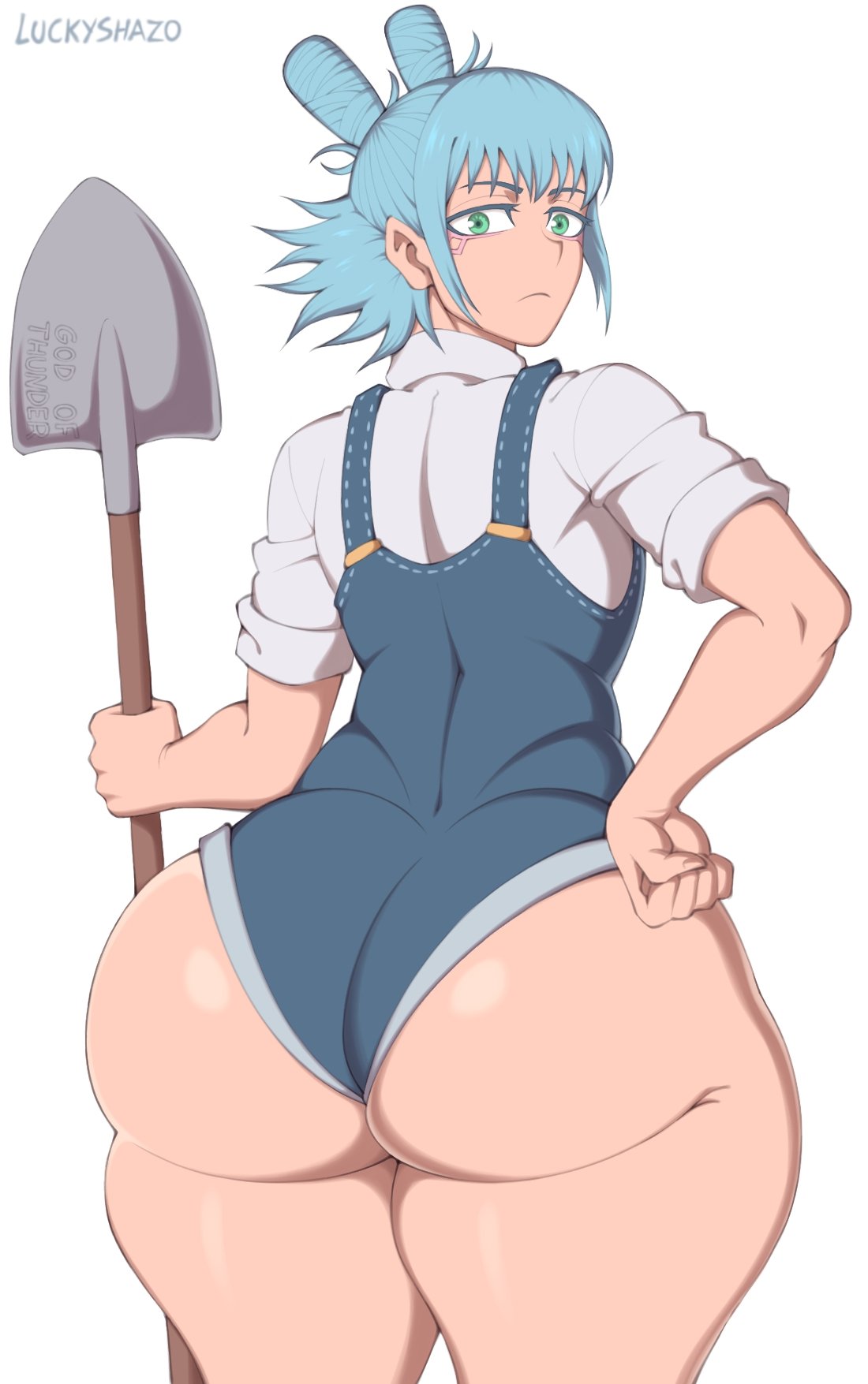 1boy back_view big_ass big_butt blue_hair bubble_butt farmer femboy green_eyes huge_ass jujutsu_kaisen kashimo_hajime large_ass looking_at_viewer looking_back luckyshazo overalls shovel solo solo_male standing the_waffled_one thick_thighs