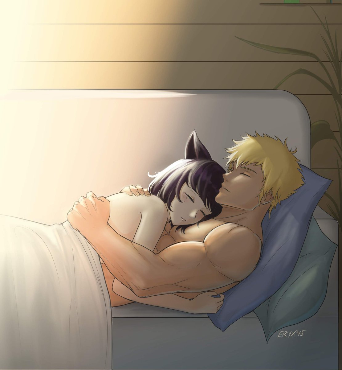 1boy 1girls black_hair blake_belladonna blanket cat_ears closed_eyes convenient_censoring couch eryx45 faunus female male nude rwby sleeping sleeping_naked sleeping_nude sleeping_together straight sun_wukong_(rwby) topless wholesome yellow_hair