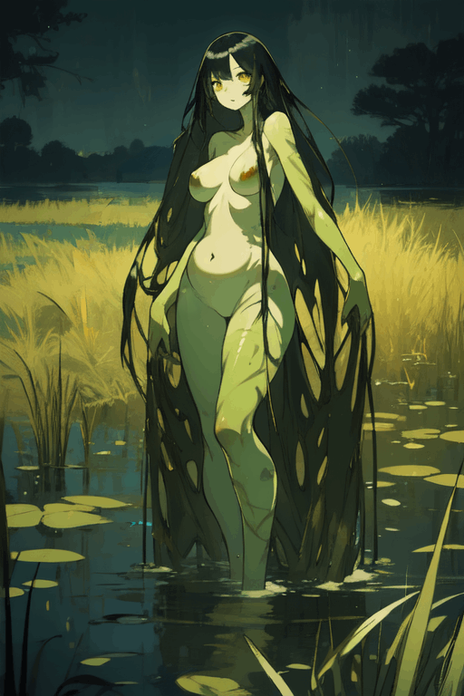 1girls ai_generated amphibian_humanoid belly_button black_hair female female_only humanoid light_green_skin light_grey_body long_hair looking_at_viewer medium_breasts monster monster_girl plants scp-811 scp_foundation standing swamp swamp_monster swollen_belly water yellow_eyes