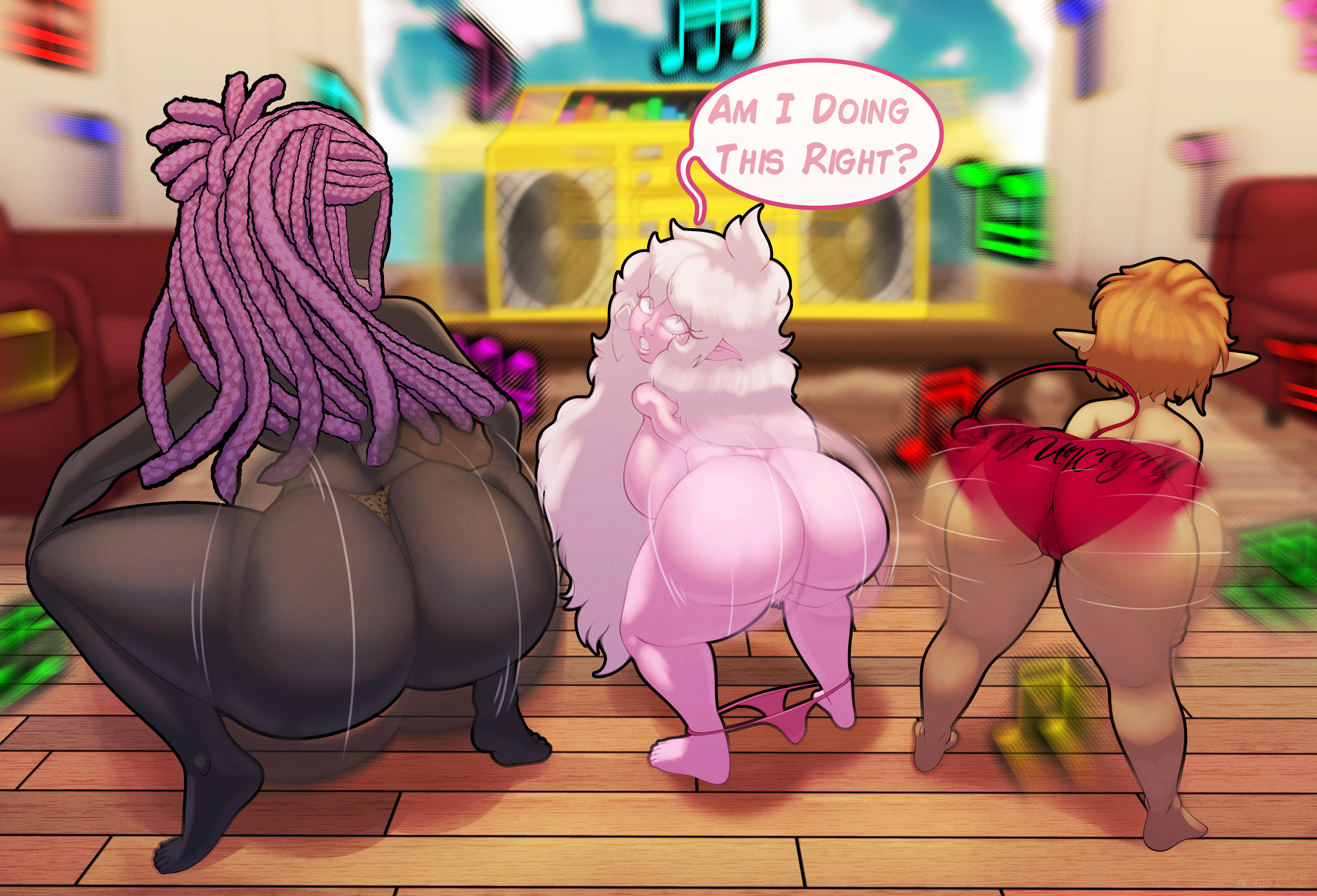 3girls, african female, ass, ass shake, aya (harembro), barefoot, bent over, big ass, black body, booty shorts, bouncing ass, bubble ass, bubble butt, cameltoe, chersha (harembro), commission, crouching, dark skin, dark-skinned female, dialogue, eo (harembro), fat ass, female, female only, full body, gold boombox (prevence), huge ass, indoors, large ass, looking at viewer, looking back, motion blur, motion lines, n-kosi, n-kosi (coloring), naked, naked female, nude, nude female, original, panties, panties down, pink body, pink hair, pussy, rear view, shorts, shortstack, squatting, tail, talking to viewer, text, text on clothing, thick ass, thick thighs, thong, twerking, white hair, wide hips