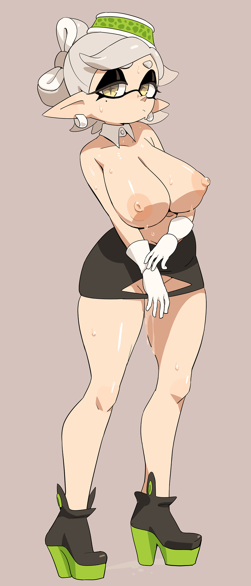 1girls, areolae, beauty mark, big breasts, breasts, facial markings, female, full body, high heels, huge breasts, inkling, large areolae, light skin, light-skinned female, long ears, marie (splatoon), mole under eye, nintendo, nipples, platform heels, pointy ears, skirt, solo, splatoon, splatoon (series), standing, tentacle hair, thick thighs, thighs, topless, white hair, yellow eyes, yuta agc