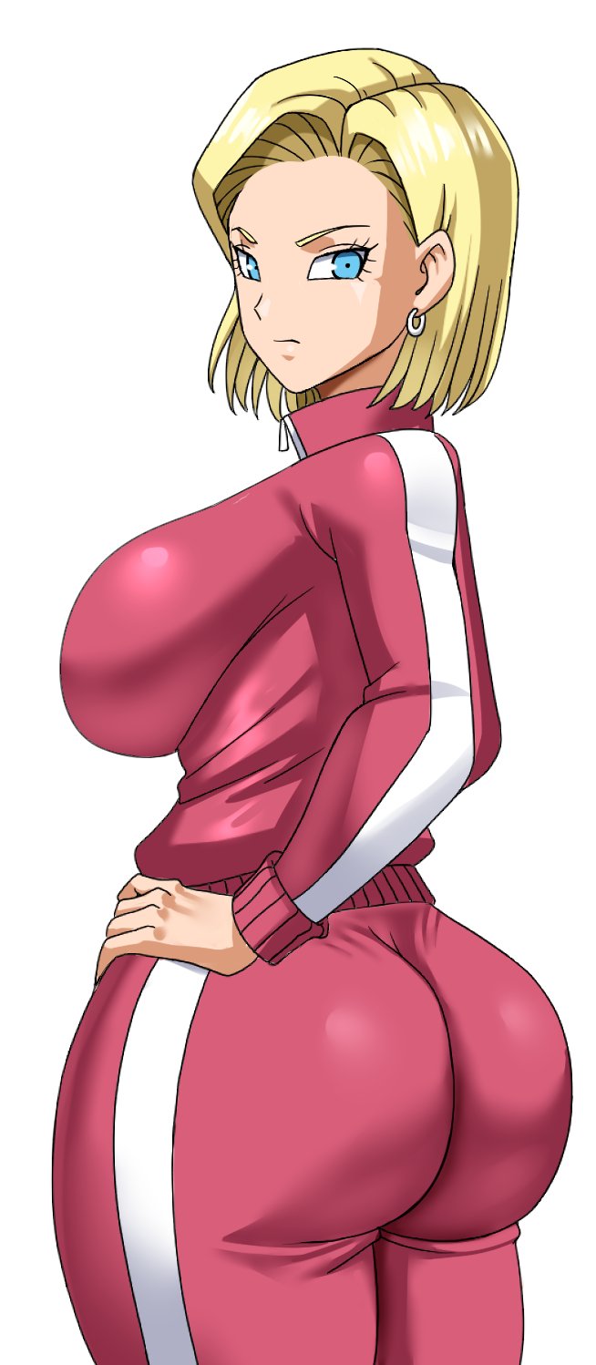 1girls android_18 ass blonde_hair blue_eyes dragon_ball dragon_ball_super ear_piercing earrings female from_behind highres jacket jewelry jumpsuit mature mature_female milf piercing pinkpawg presenting presenting_ass simple_background solo track_jacket track_pants track_suit white_background