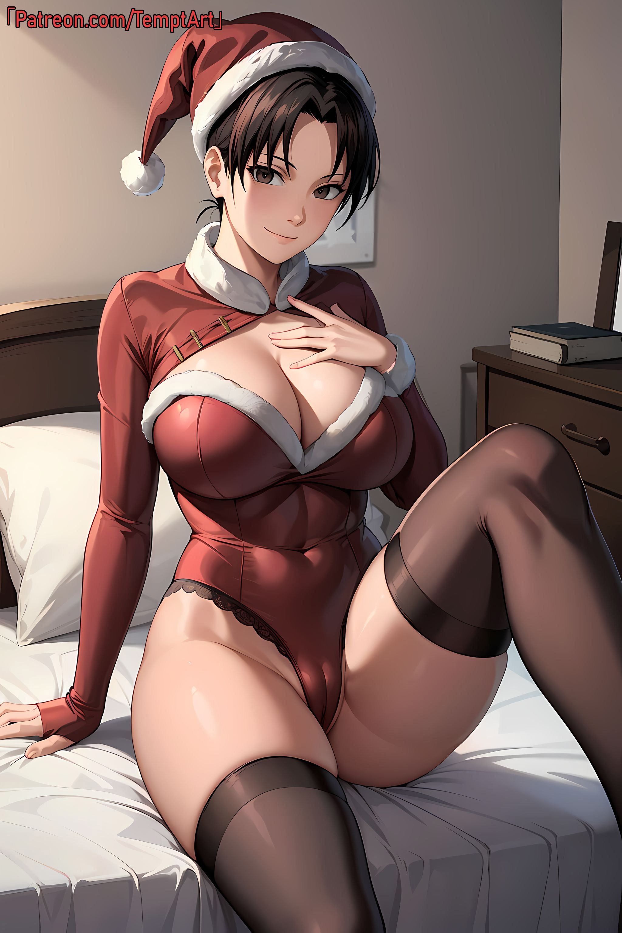 1girls, adapted costume, ai generated, arm sleeves, bangs, bare chest, bare thighs, boruto: naruto next generations, breasts, brown eyes, brown hair, cameltoe, chinese clothes, christmas, christmas outfit, cleavage, crop top, detached sleeves, female, fur trim, leotard, nai diffusion, naruto, naruto (series), naruto shippuden, no bra, no bra under clothes, patreon username, puffy pussy, pussy, santa hat, short hair, sitting, sitting on bed, skimpy, skimpy clothes, spread legs, stable diffusion, stockings, temptart, tenten, thick thighs, thighs, url, watermark, web address