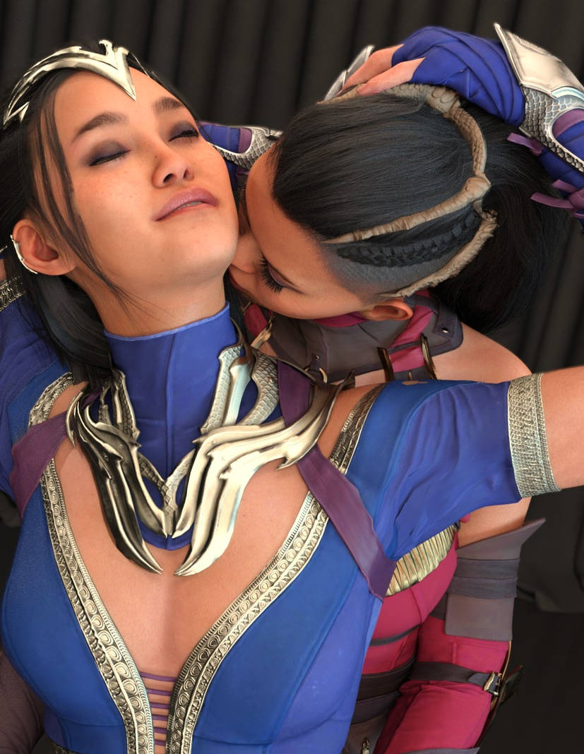 2girls 3d black_hair clone clonecest edenian female female_only from_behind fully_clothed head_in_hand hug imminent_kiss incest kitana kiteena mileena mortal_kombat mortal_kombat_1_(2023) neck_kiss princess rayalterego23 royalty sisters yuri