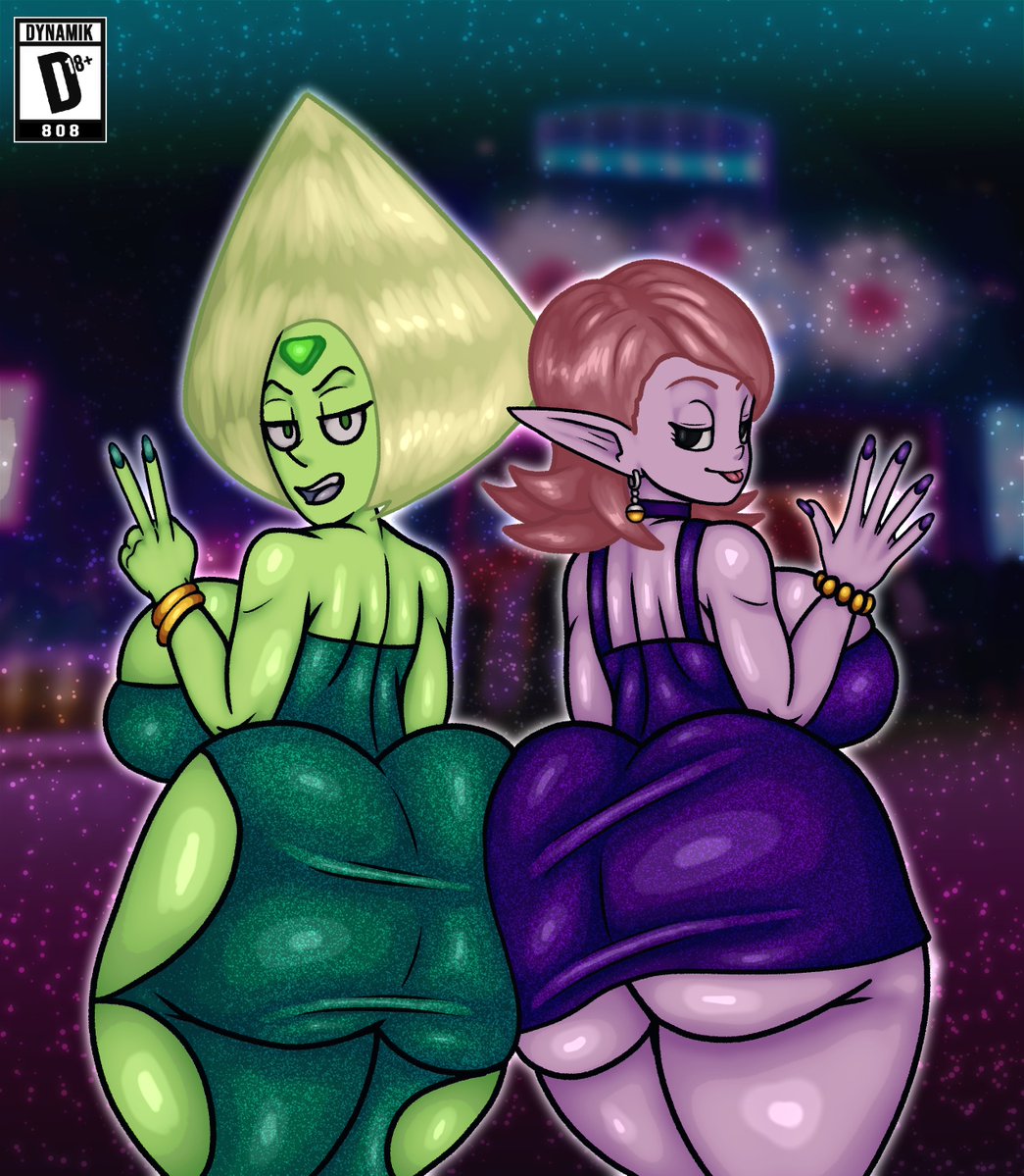 2girls, 5 fingers, alien, alien girl, alien humanoid, ass, ass in dress, ass to ass, back view, big ass, big breasts, big butt, breasts, bubble ass, bubble butt, chronoa, crossover, dragon ball, dragon ball heroes, dragon ball xenoverse, dress, dynamik808, ear piercing, earrings, eastern and western character, fat ass, fat butt, female, female only, gem (species), green body, green hair, green skin, huge ass, huge butt, humanoid, large ass, looking at viewer, looking back, multiple females, multiple girls, peace sign, peridot (steven universe), piercing, pink body, pink hair, pink skin, potara earrings, shortstack, steven universe, thick ass, thick butt, thick thighs, wide hips, yellow hair